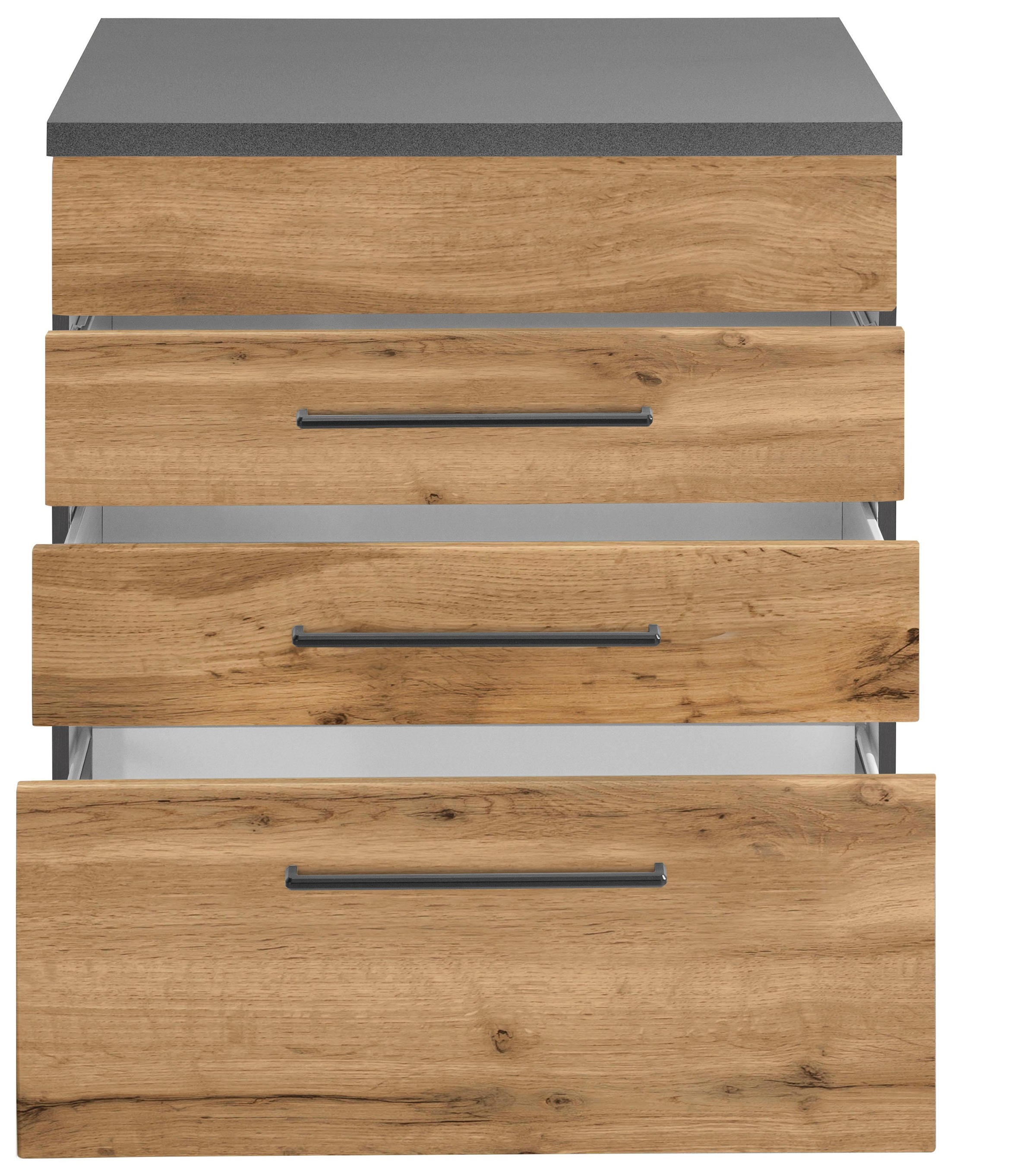 KOCHSTATION Armoire d'encastrement pour table de cuisson »KS-Tulsa« 60 cm de large, 2 tiroirs, 1 grand tiroir, poignée en métal noir