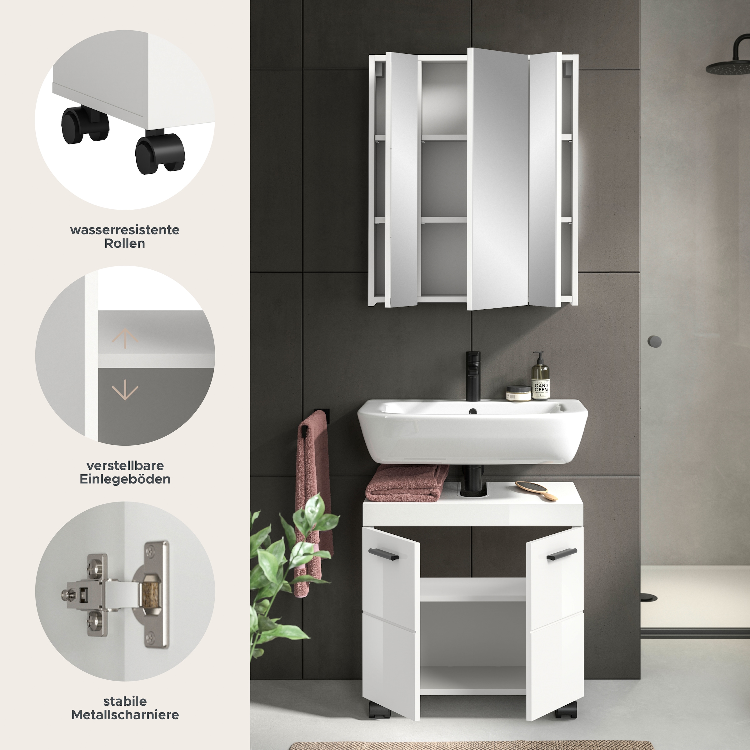 welltime Ensemble de meubles de salle de bain »AVON, Breite 60 cm, 2-teilige moderne Badkombination, auf Rollen« bestehend aus: Waschbeckenunterschrank & Spiegelschrank, 2 cuis tlg.