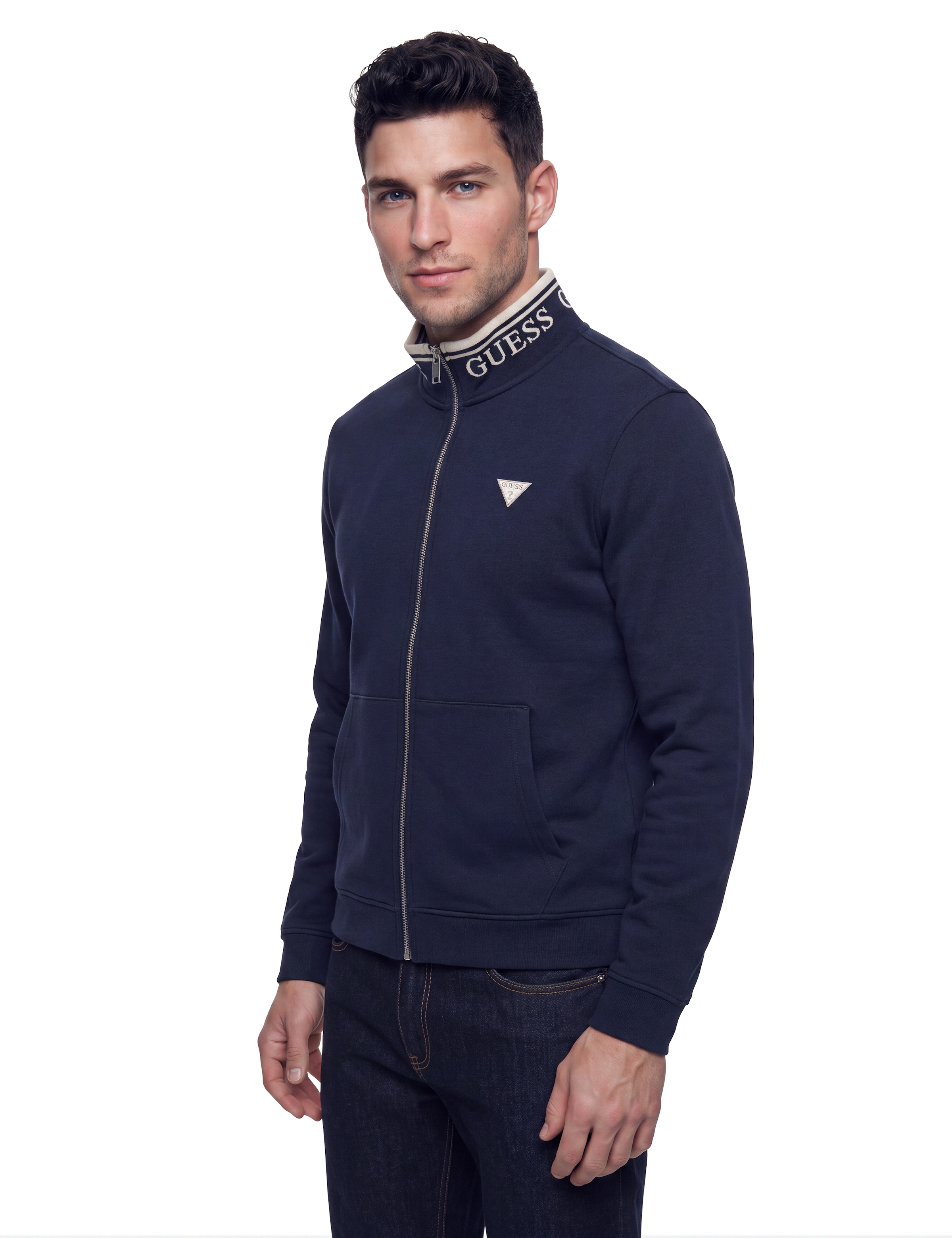 Guess Veste sweat »FULL ZIP-UP TRUCKER« col montant avec inscription GUESS, poche kangourou