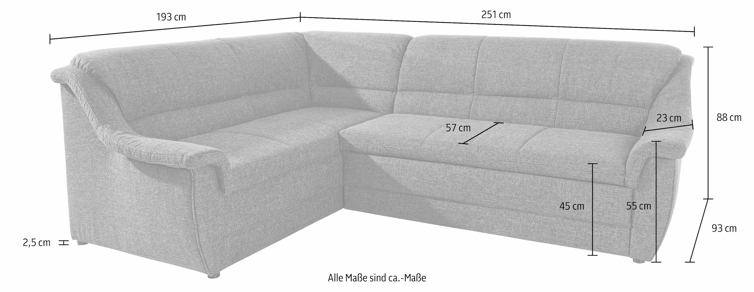 DOMO collection Canapé d'angle »Lale zeitlose Formensprache, komfortabel, Breite 251cm, L-Form« mit langem Schenkel, wahlweise mit Bettfunktion