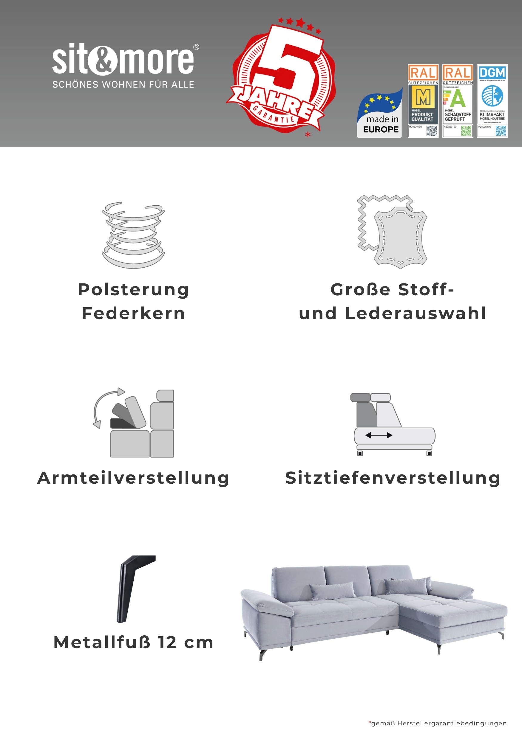 GOODproduct Canapé d'angle »Costello L-Form, B: 301cm, Sitztiefen & Armteilverstellung, Federkern« 3 coussins lombaires, fonction couchage et coffre à lit en option