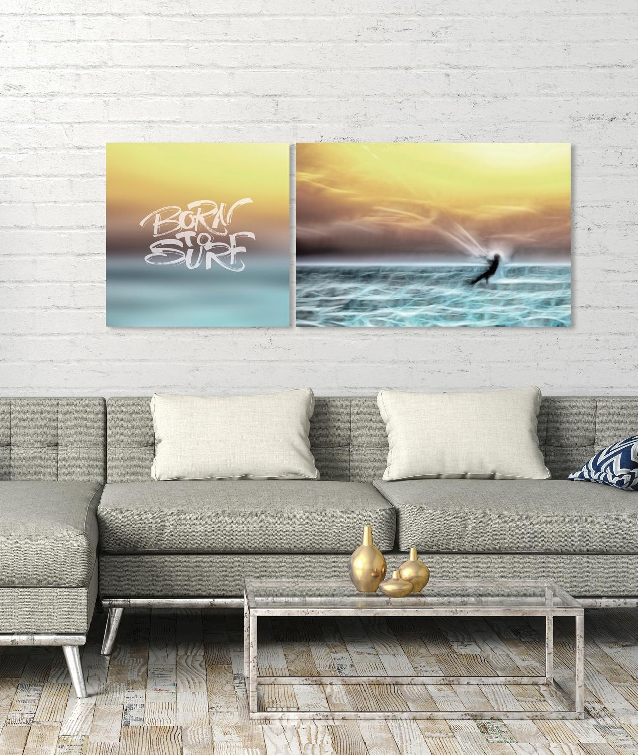 queence Tableau sur toile »Born to Surf« Set,  Premium-Leinwandstoff, Handarbeit aus Deutschland, Spruch, 2er Set