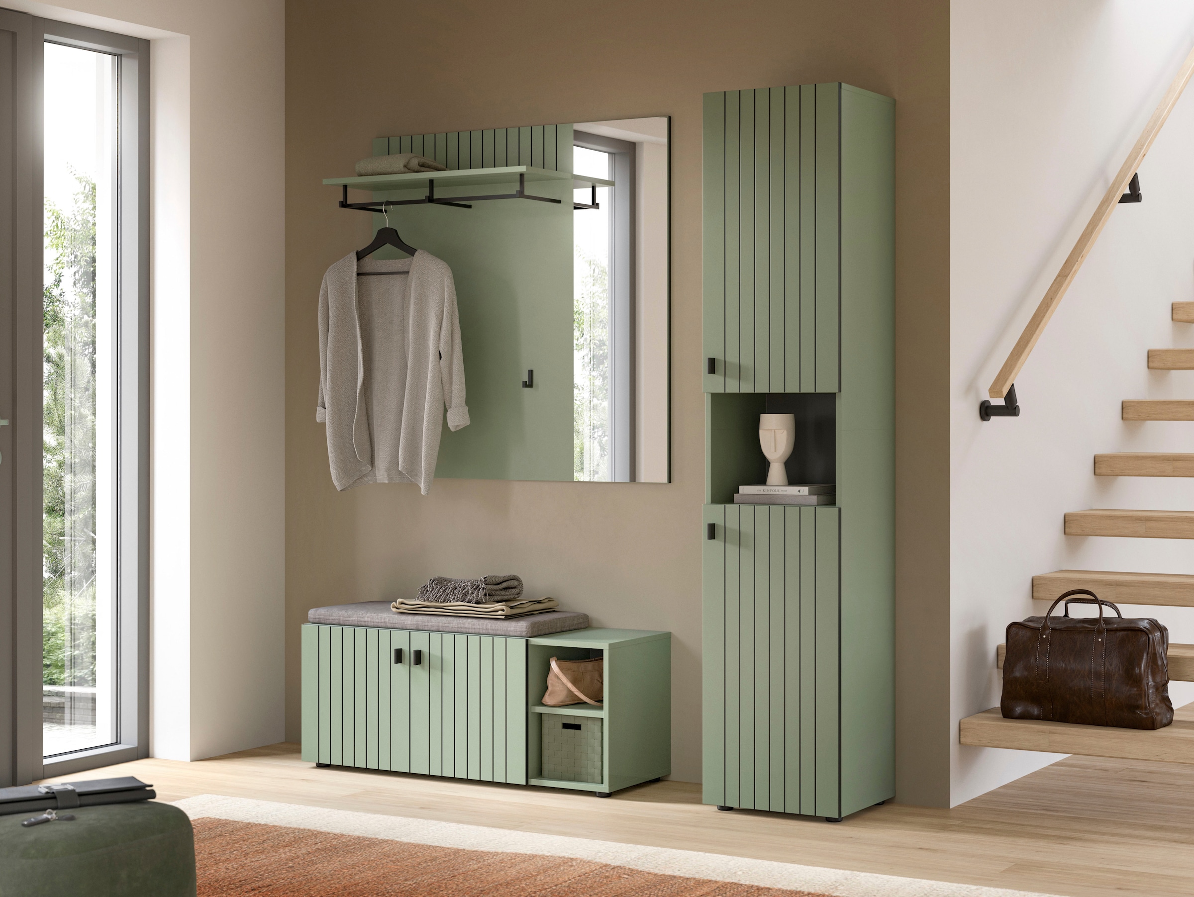 Home affaire Ensemble de vestiaires »TATIO, 4-tlg. Garderobenkombination, Breite: 161 cm, Rillenfräsung« Set, Set, best. aus: 1 Paneel, 1 Garderobenschrank,1 Sitzbank,1 Sitzkissen, 4 cuis tlg.