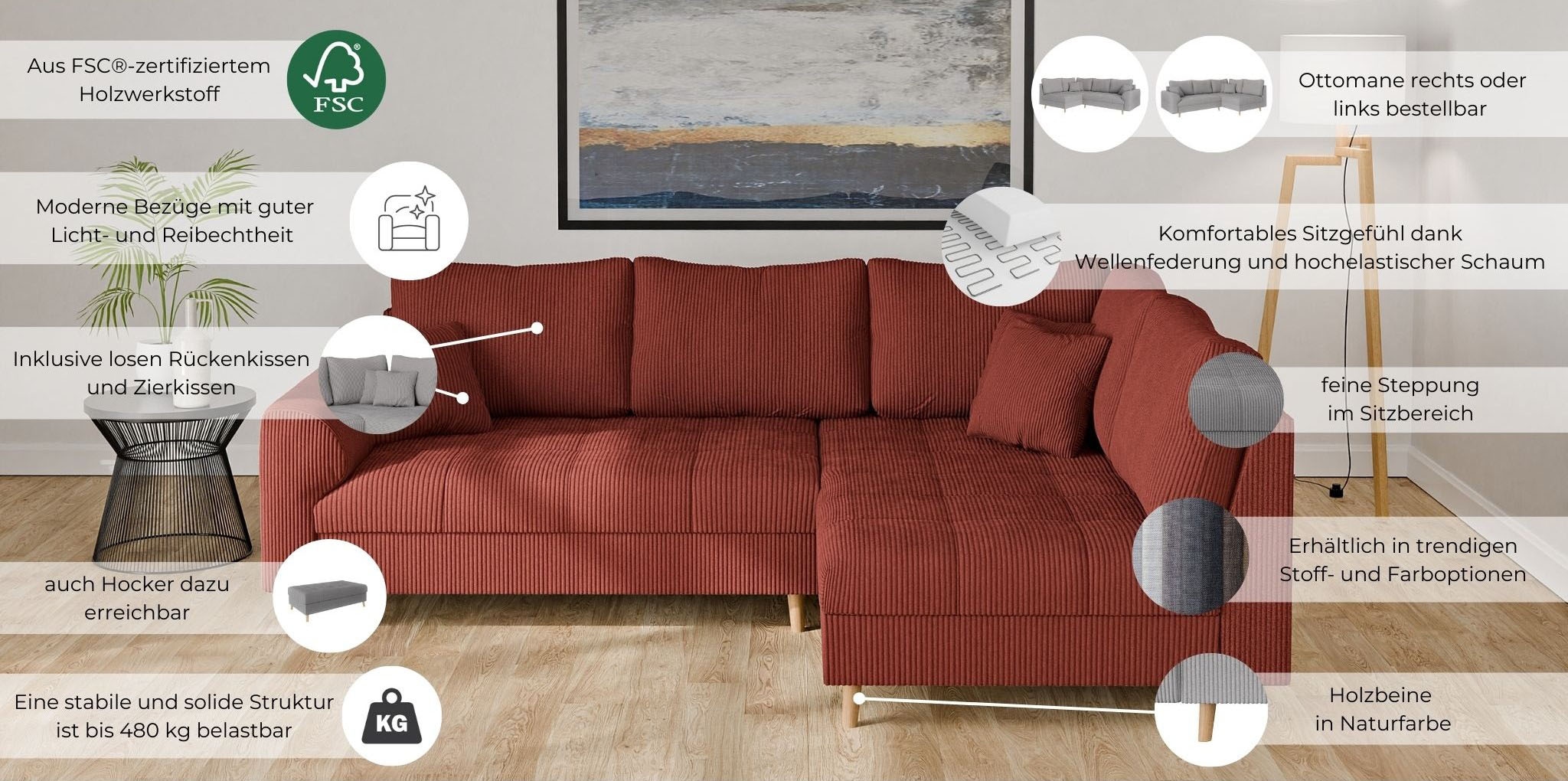 Home affaire Ecksofa »CHARRE L-Form mit Ottomane, Masse B/T/H: 231/161/81 cm« feine Steppung, lose Rücken- und Zierkissen, auch in Cord und Bouclé