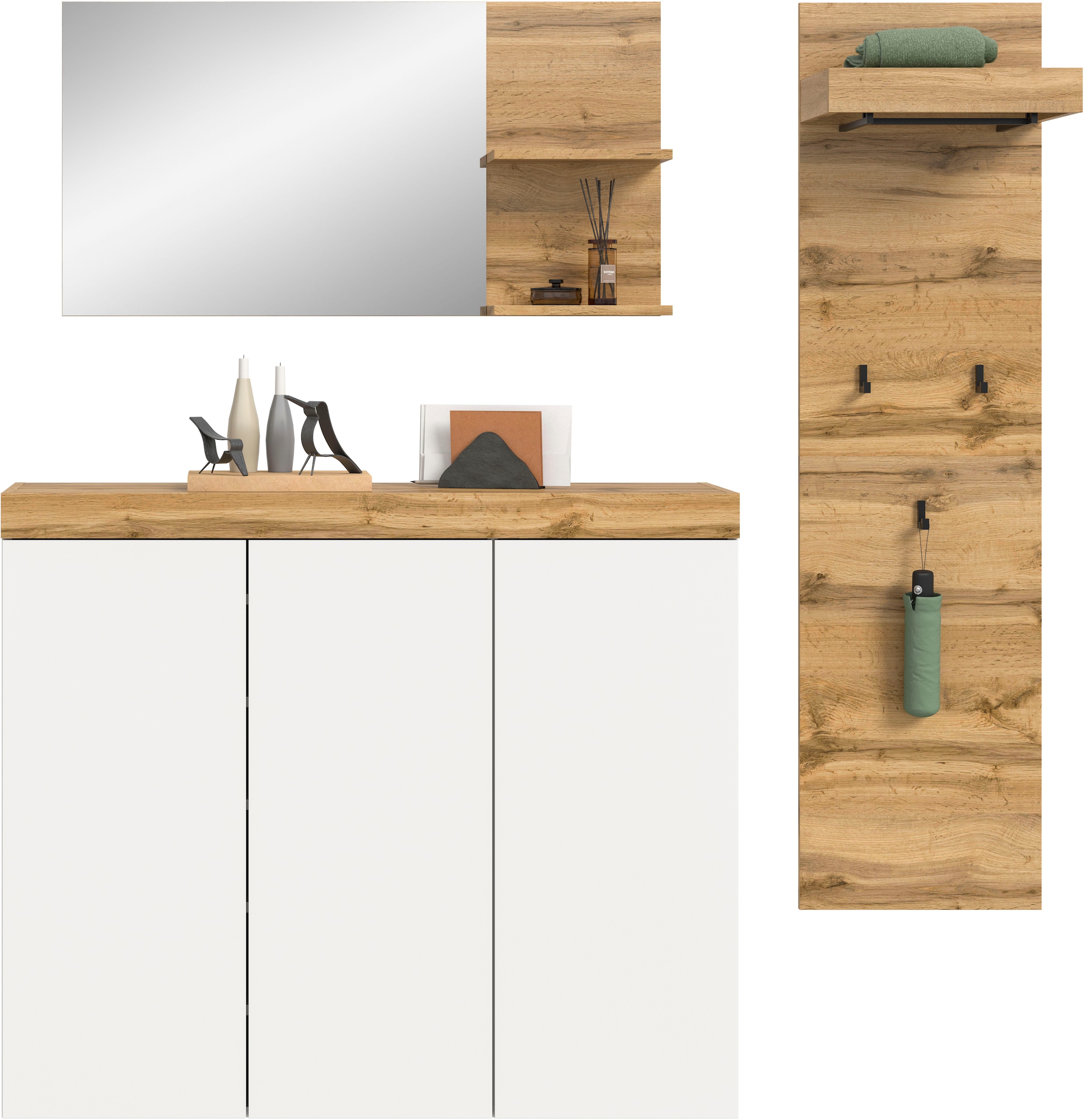 GOODproduct Garderoben-Set »MAMBO, 3-teilige Kombination, stehend & hängend montierbar« bestehend aus: Kommode, Spiegel, Garderobenpaneel, 3 Stk. tlg.