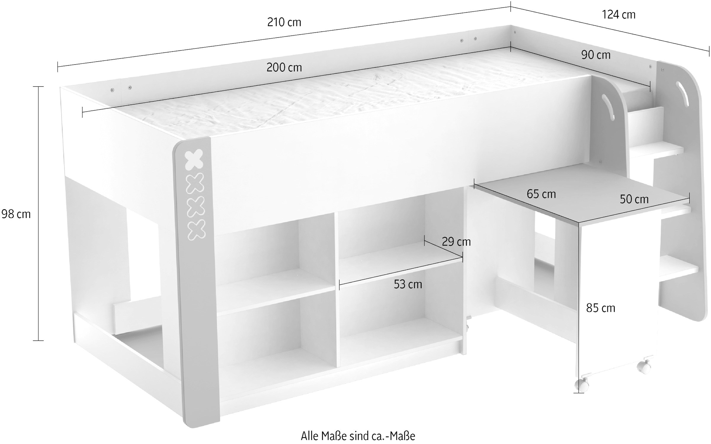 Demeyere GROUP Lit superposé »HAMPTON Kombi Bett mit Schreibtisch« Lit combiné avec bureau sur roulettes