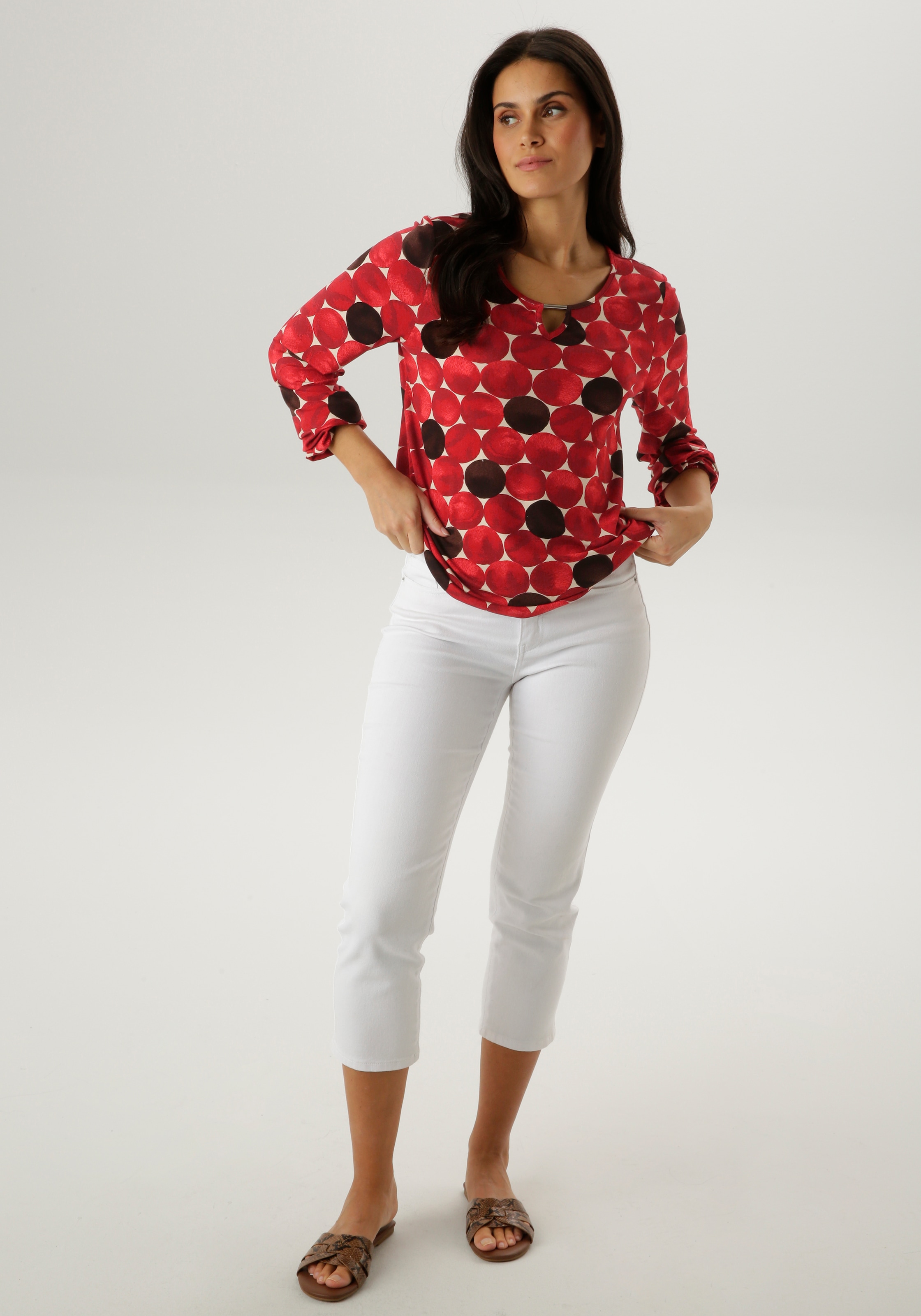 Aniston SELECTED Langarmshirt mit Cut-out und grossflächigen Kreis-Druck - NEUE KOLLEKTION