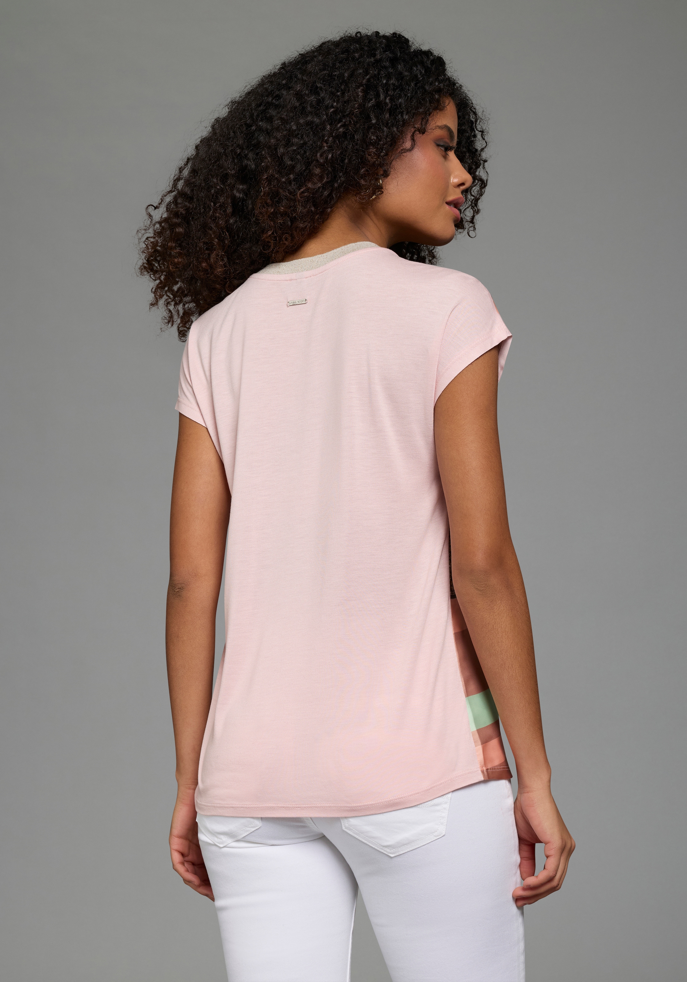 Laura Scott Shirtbluse Kurzarm, U-Boot-Ausschnitt, Materialmix aus Satin und Jersey