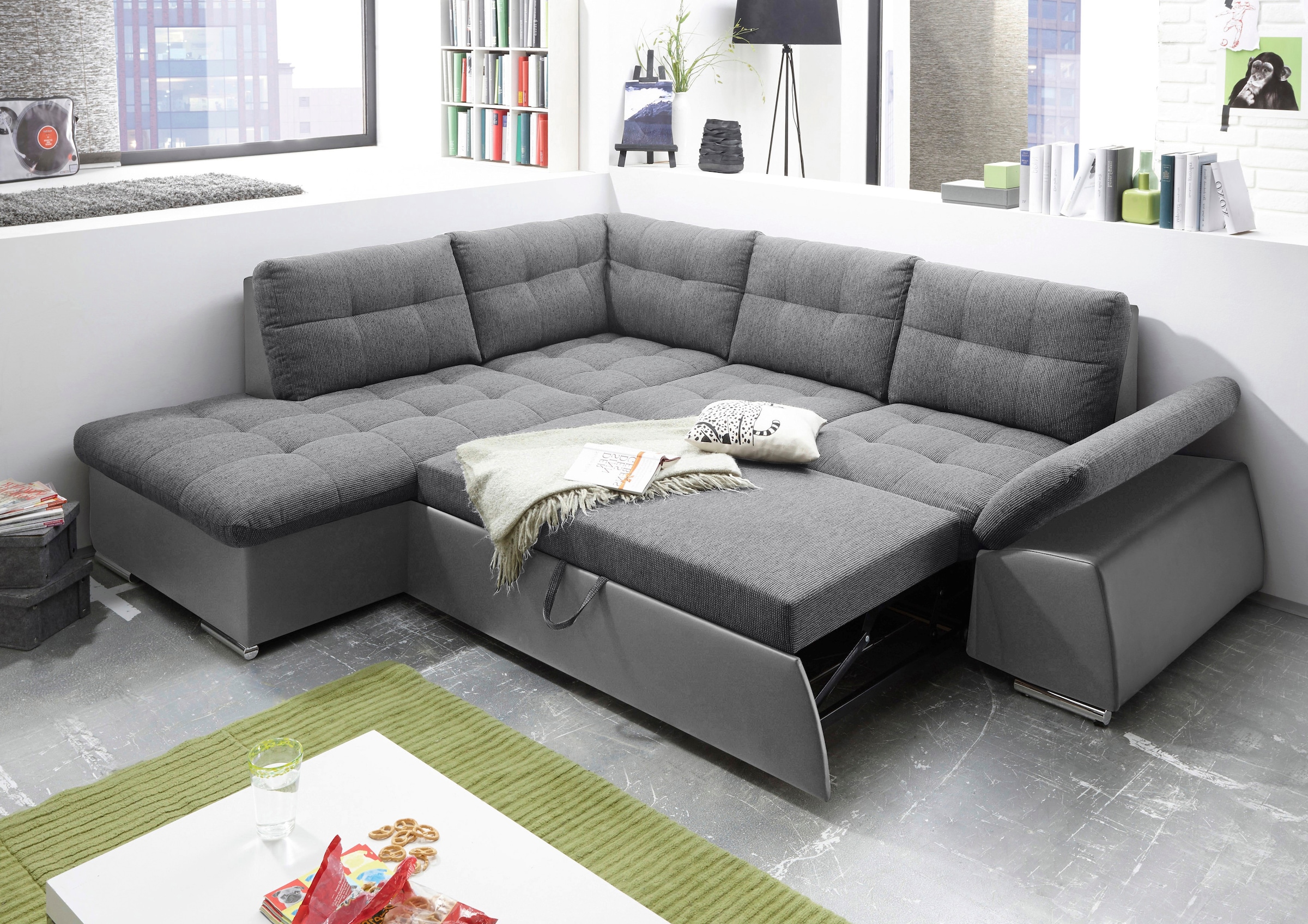 ED EXCITING DESIGN Canapé d'angle »Jakarta L-Form« mit Bettfunktion, Armteilverstellung, Kopfstützen & 2 Nierenkissen