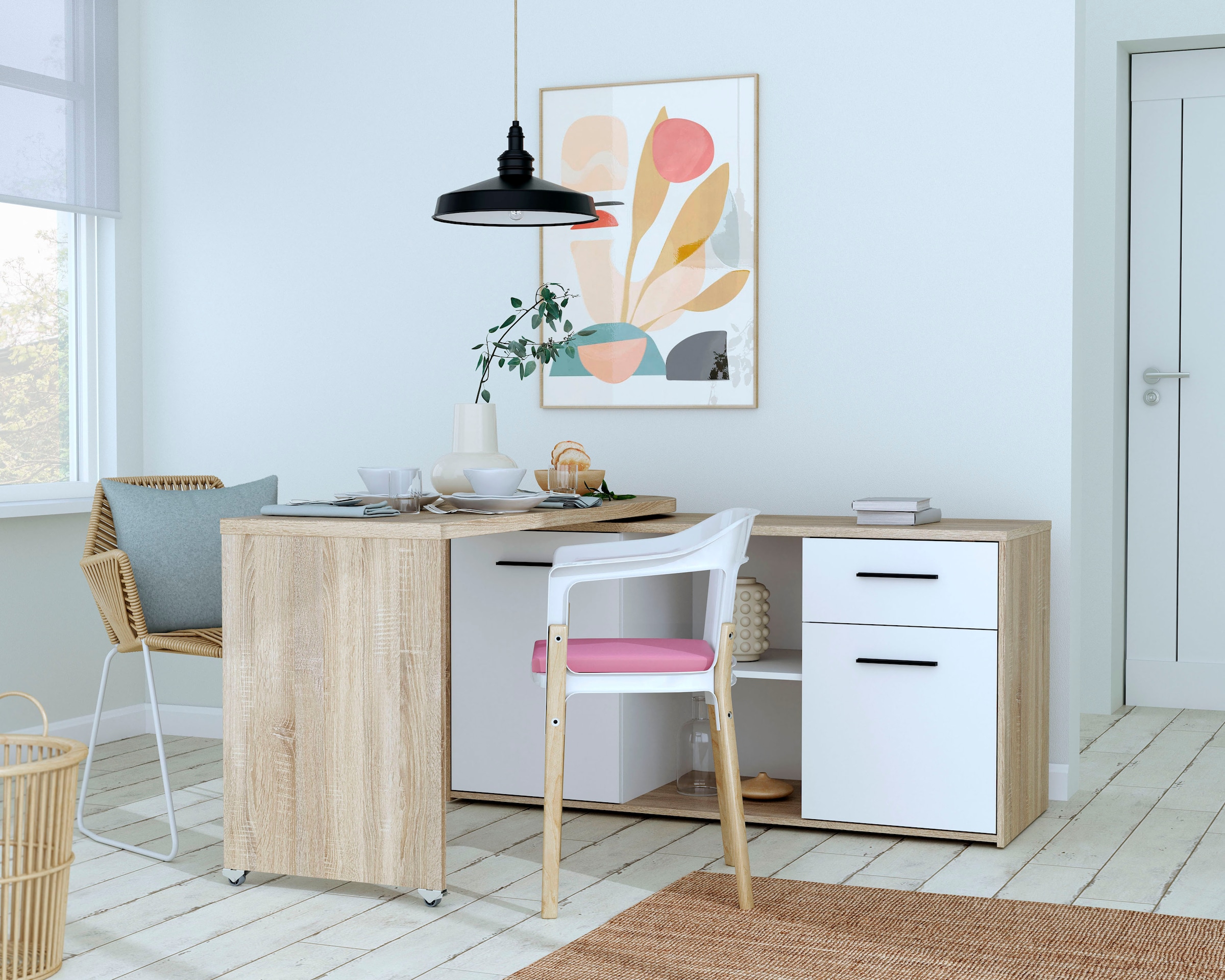 FORTE Schreibtisch »Aliklia« multifunktional, Tischplatte ausschwenkbar, mit Rollen, Sideboard