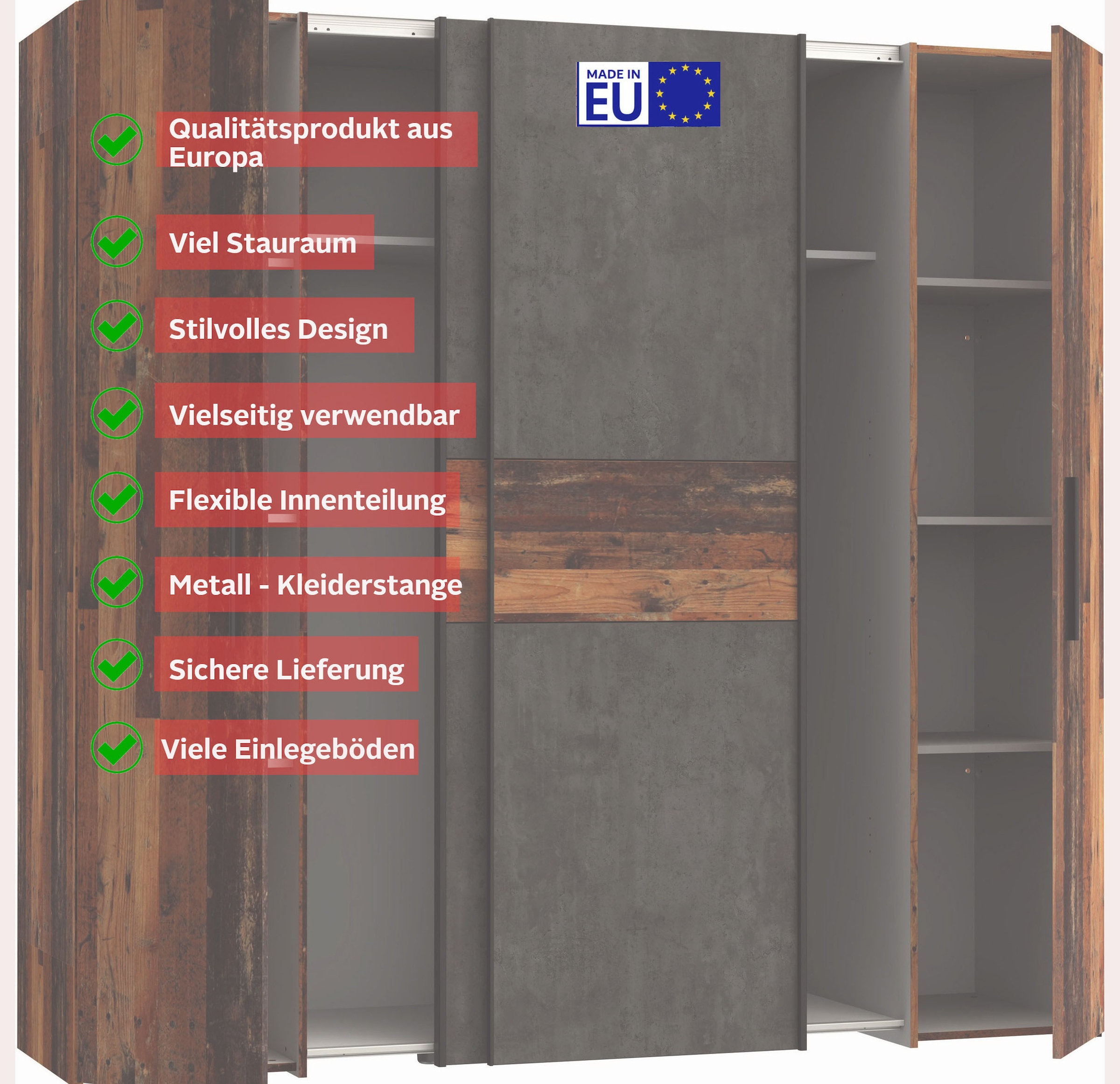 FORTE Armoires à vêtements »Kalixtus, Made in Europe« L/H/P env. 200x190x60 cm, 2 portes coulissantes, 2 portes battantes, 8 étagères,  combinaison de portes pivotantes et coulissantes, plusieurs couleurs