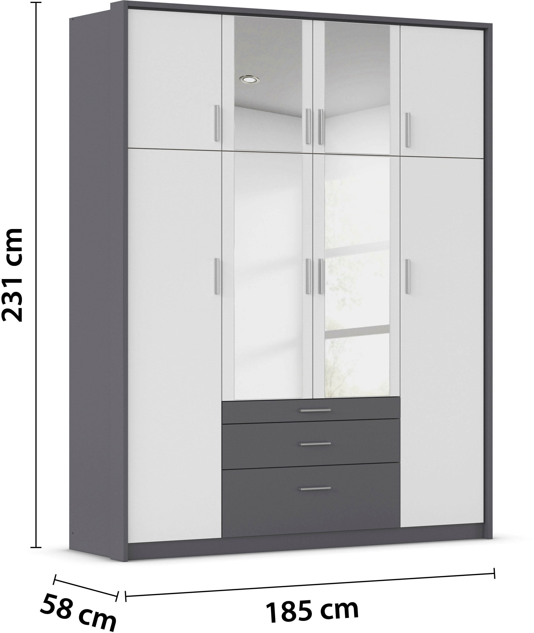 rauch Kleiderschrank »Schrank Drehtürenschrank Garderobe Ankleide Schlafzimmer HILDESHEIM« Breiten: 185/275 cm, Höhe 231 cm,  oberste Schublade mit praktischer Facheinteilung MADE IN GERMANY