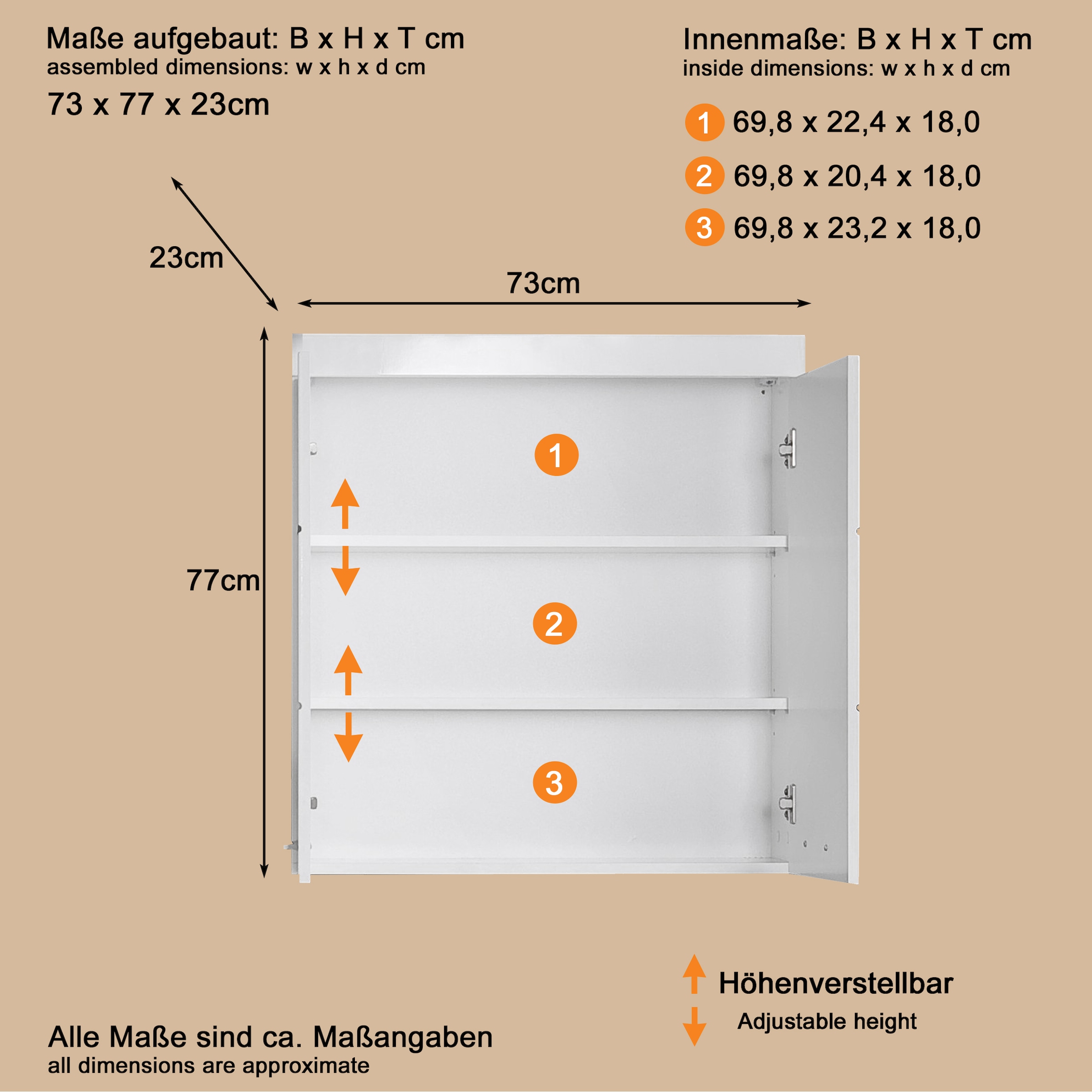 welltime Armoire suspendue »Avena« Badschrank breit mit verstellbaren Böden - Masse (B/T/H) 73/23/77 cm