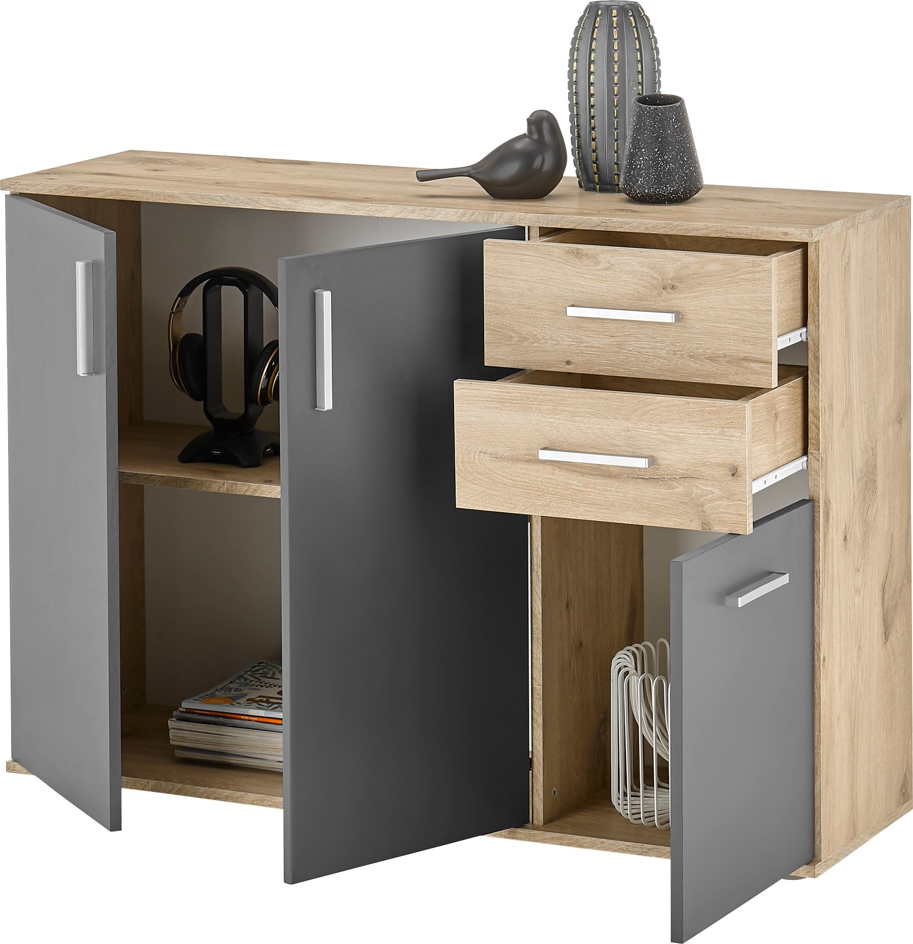 HBZ Kommode »BC-Drift-2, Sideboard Stellmass BxHxT 120x84x35 cm« 1 Stk. tlg. Kommode mit 3 Türen, 2 Schubkästen und 1 Einlegeboden