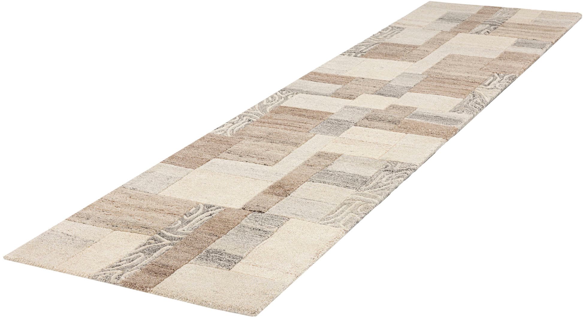 THEKO Läufer »Lola, Wolle, handgearbeitet, Patchwork Design« rechteckig 12 mm Höhe Teppich-Läufer, handgetuftet, Flur, Brücke