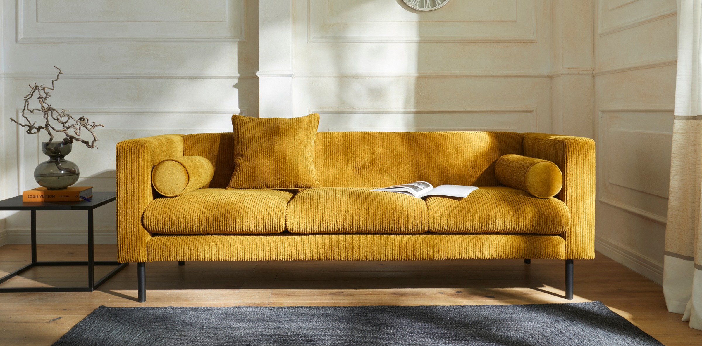 Home affaire 3-Sitzer »Lillibeth Designsofa mit Wellenunterfederung, Masse B/T/H: 218/74/83 cm« Zierkissen als Wendekissen, Bezug Samtoptik oder Cord
