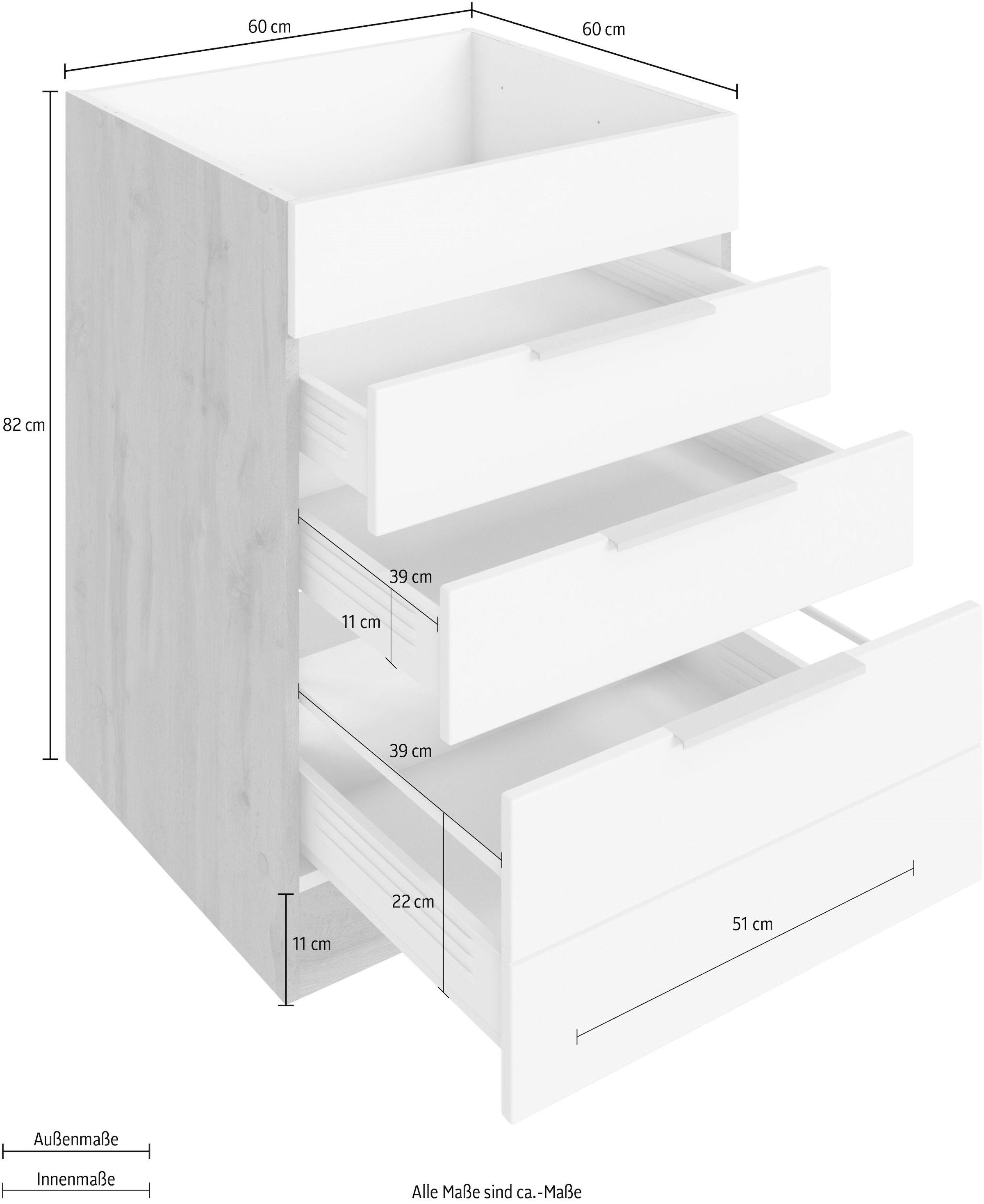 KOCHSTATION Armoire d'encastrement pour table de cuisson »KS-Luhe« 60 cm de large, façades MDF de haute qualité avec liseré horizontal