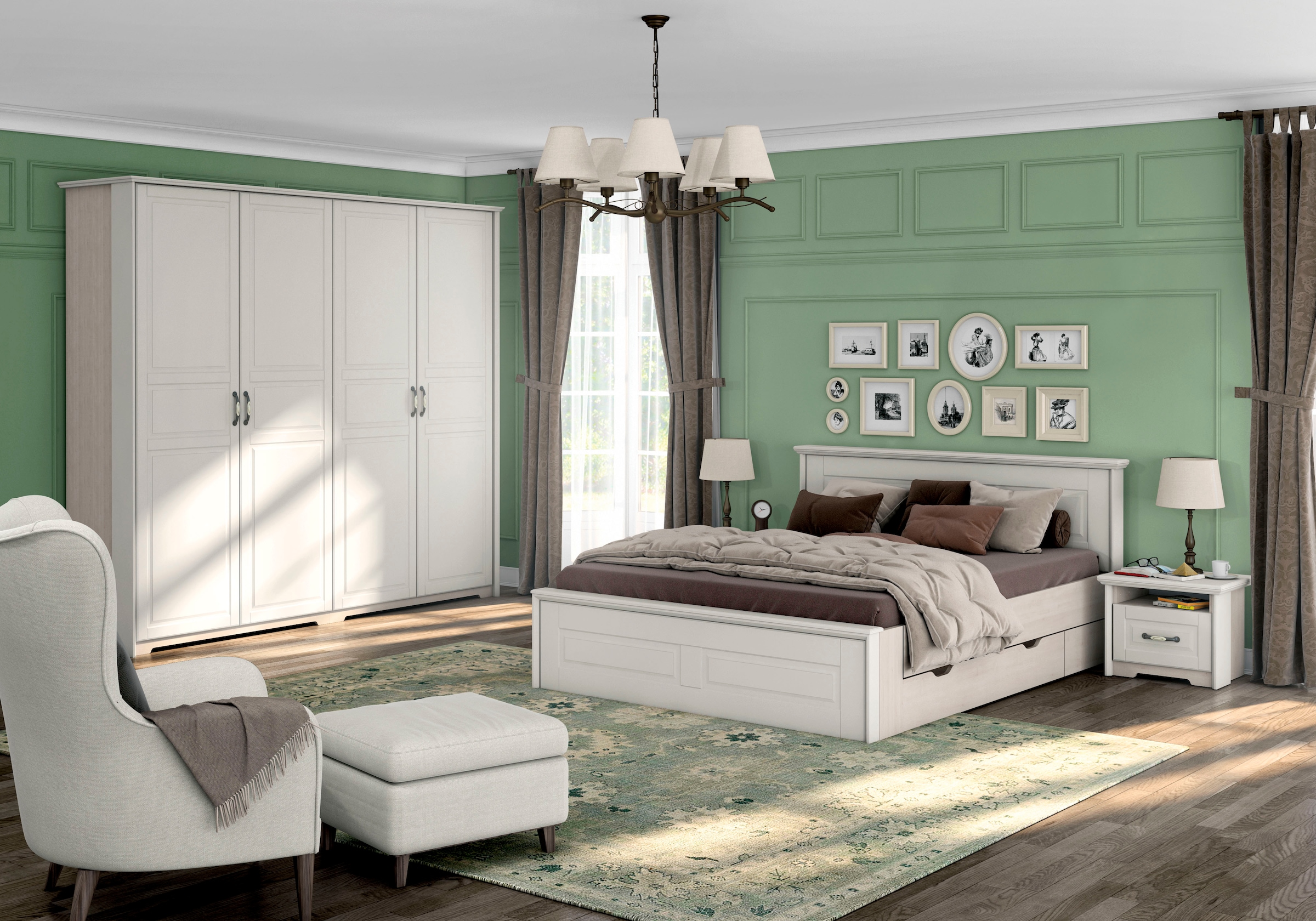 GOODproduct Sommier »Evergreen, UV lackiertes MDF, FSC-zertifiziert, Made in Europe« tiroirs de rangement et tables de nuit assortis disponibles en option,  lit en bois style maison de campagne classique, surface de couchage 160x200cm