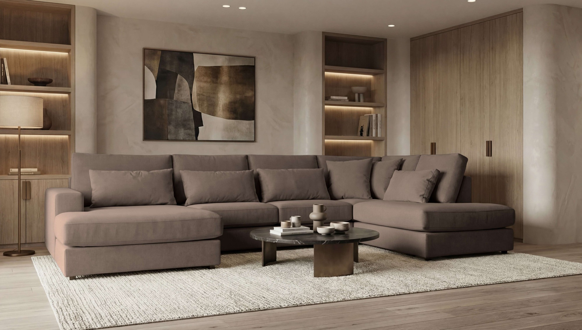 GOODproduct Paysage de salon »Nivette, weiches Chenille« Largeur 386 cm, forme en U, jusqu’au sol, 6 coussins décoratifs inclus