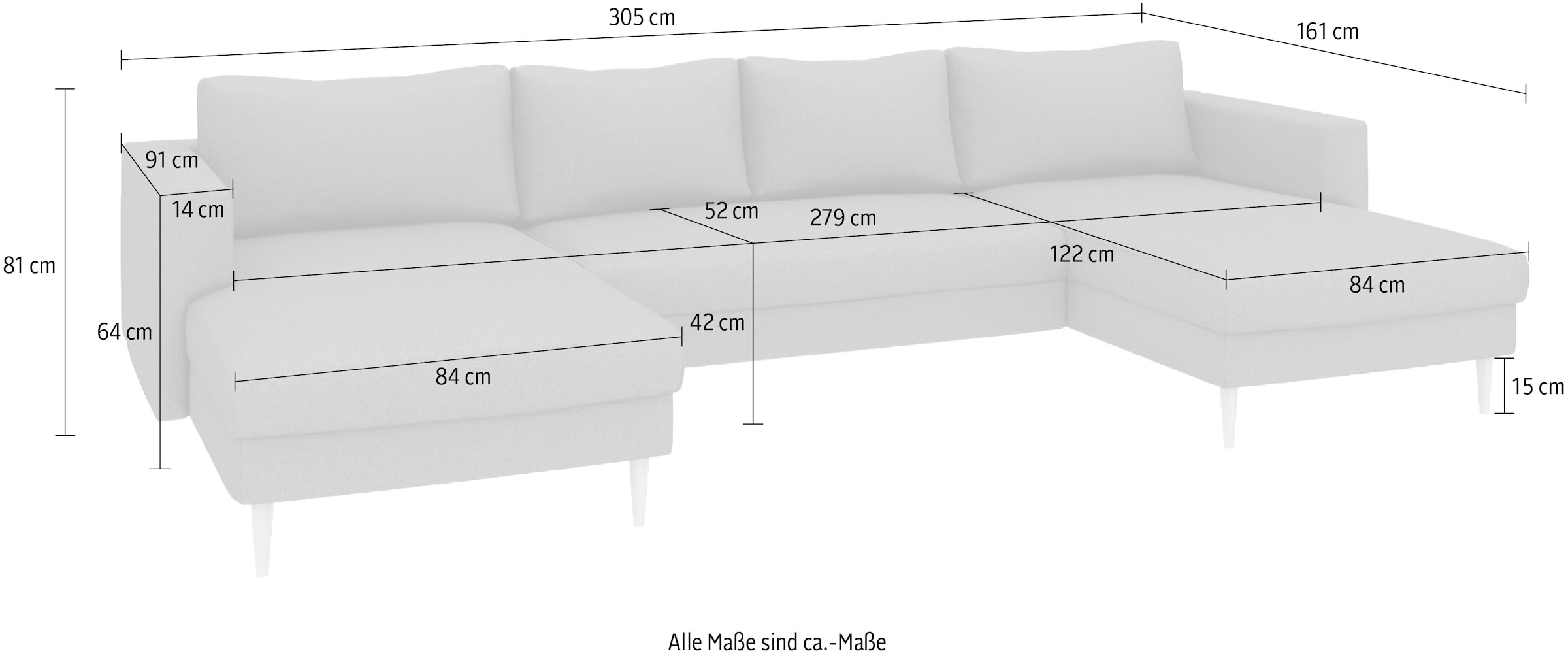 TRENDMANUFAKTUR Wohnlandschaft »Amazing, wahlw. mit Schlaffunktion & Bettkasten, Fuss Buche lackiert« Sofa in U-Form, in Cord oder Struktur, Breite 305 cm