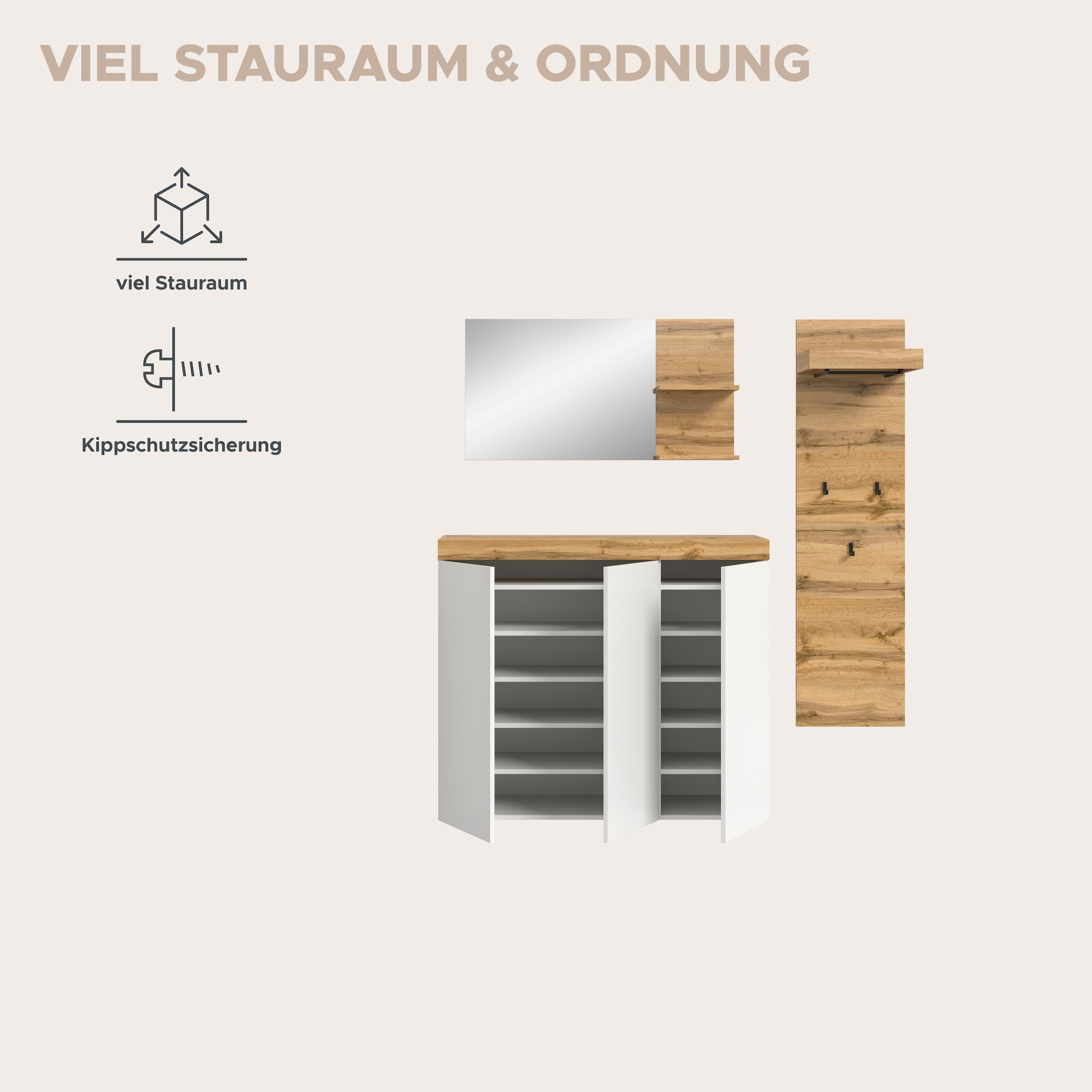 GOODproduct Garderoben-Set »MAMBO, 3-teilige Kombination, stehend & hängend montierbar« bestehend aus: Kommode, Spiegel, Garderobenpaneel, 3 Stk. tlg.