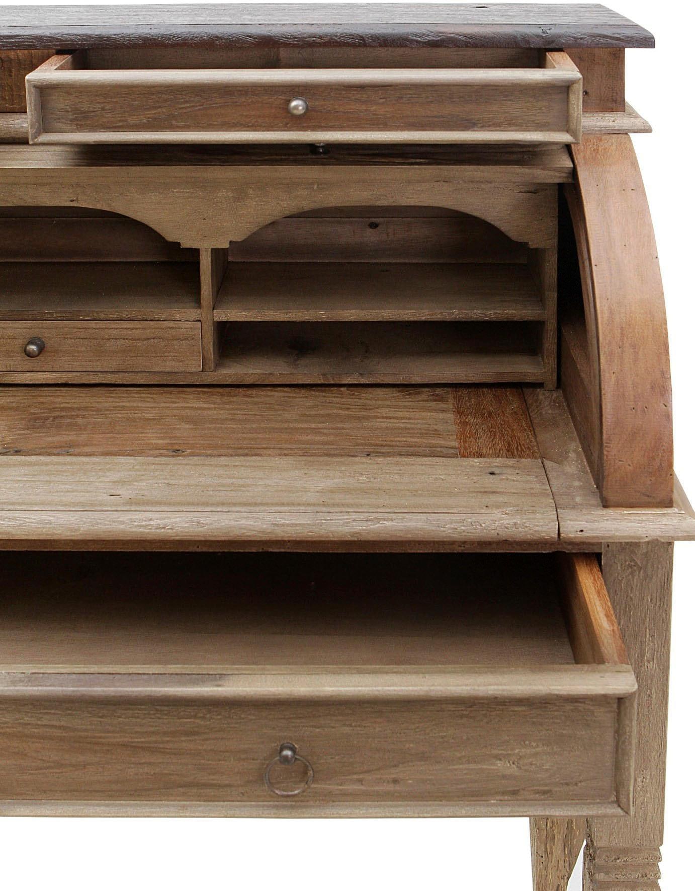 SIT Secrétaire »Rio  aus recyceltem Teakholz mit Rollladen & 4 Schubladen« 4 tiroirs, 5 compartiments & surface d'écriture extensible généreuse