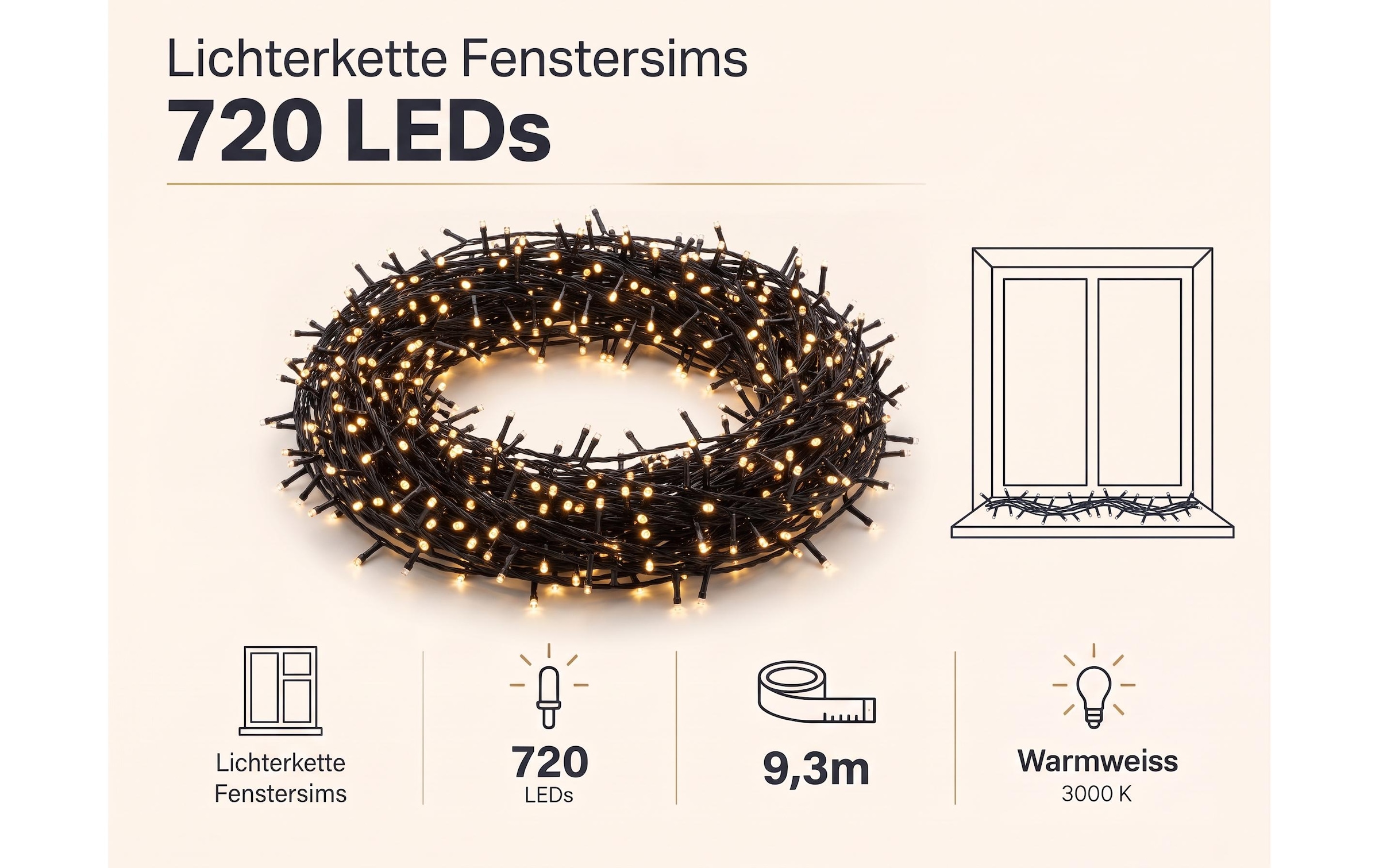 Cocon Guirlande lumineuse »Lichterkette Fenstersims, 720 LEDs Warmweiss, 9.3 m«