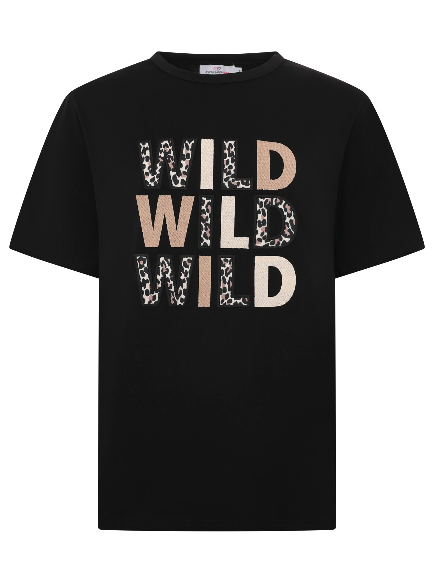 Zwillingsherz T-shirt »"Wild Wild Wild"« grosser, gestickter Schriftzug mit Leomuster, Rundhals