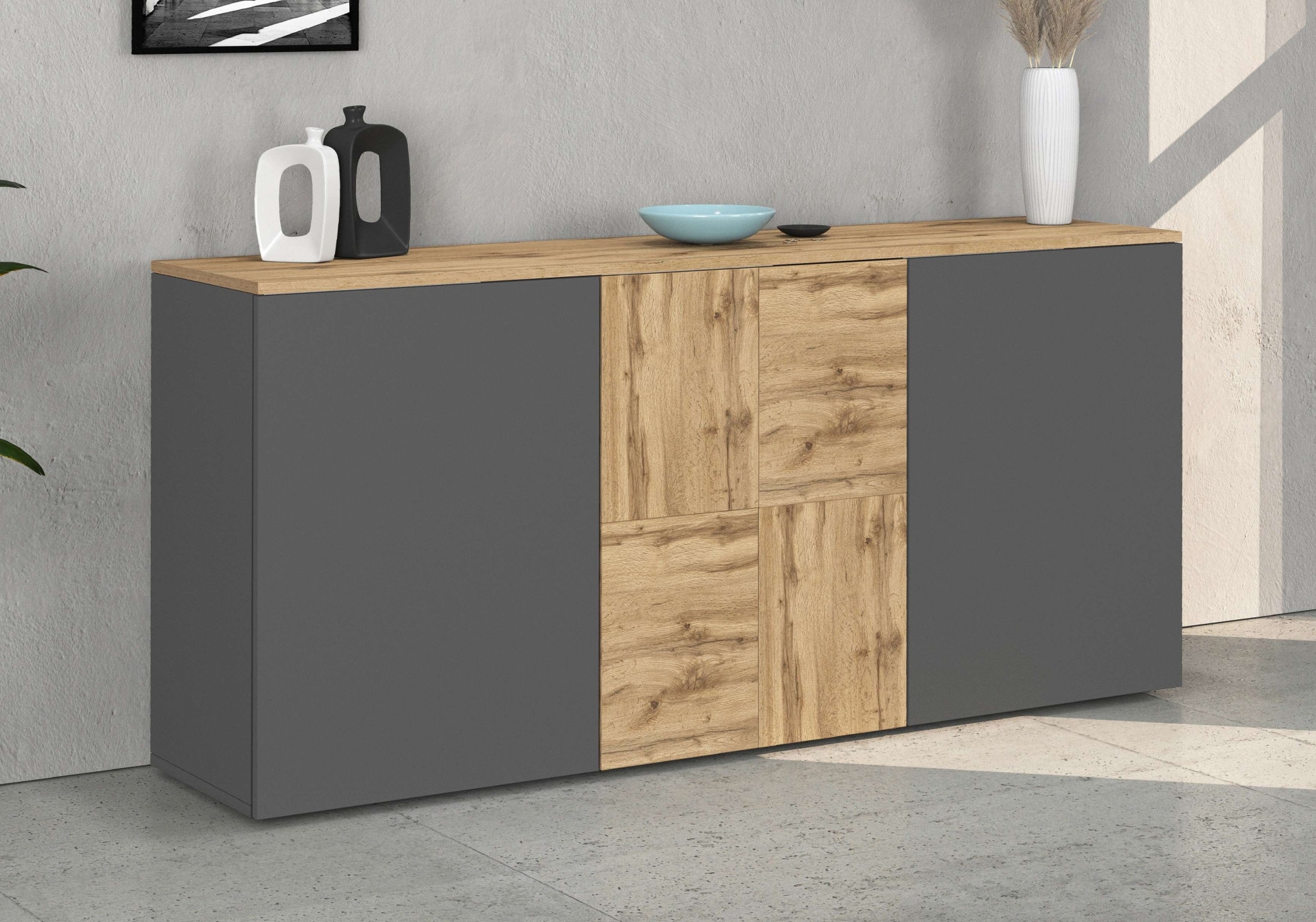 GOODproduct Sideboard »ISEO, Kommode, Schrank, Sideboard, Lowboard, 6 Fächer, Breite 150 cm« 1 Stk. tlg. stehend/hängend, 3 Türen, 6 Fächer, Breite 150 cm