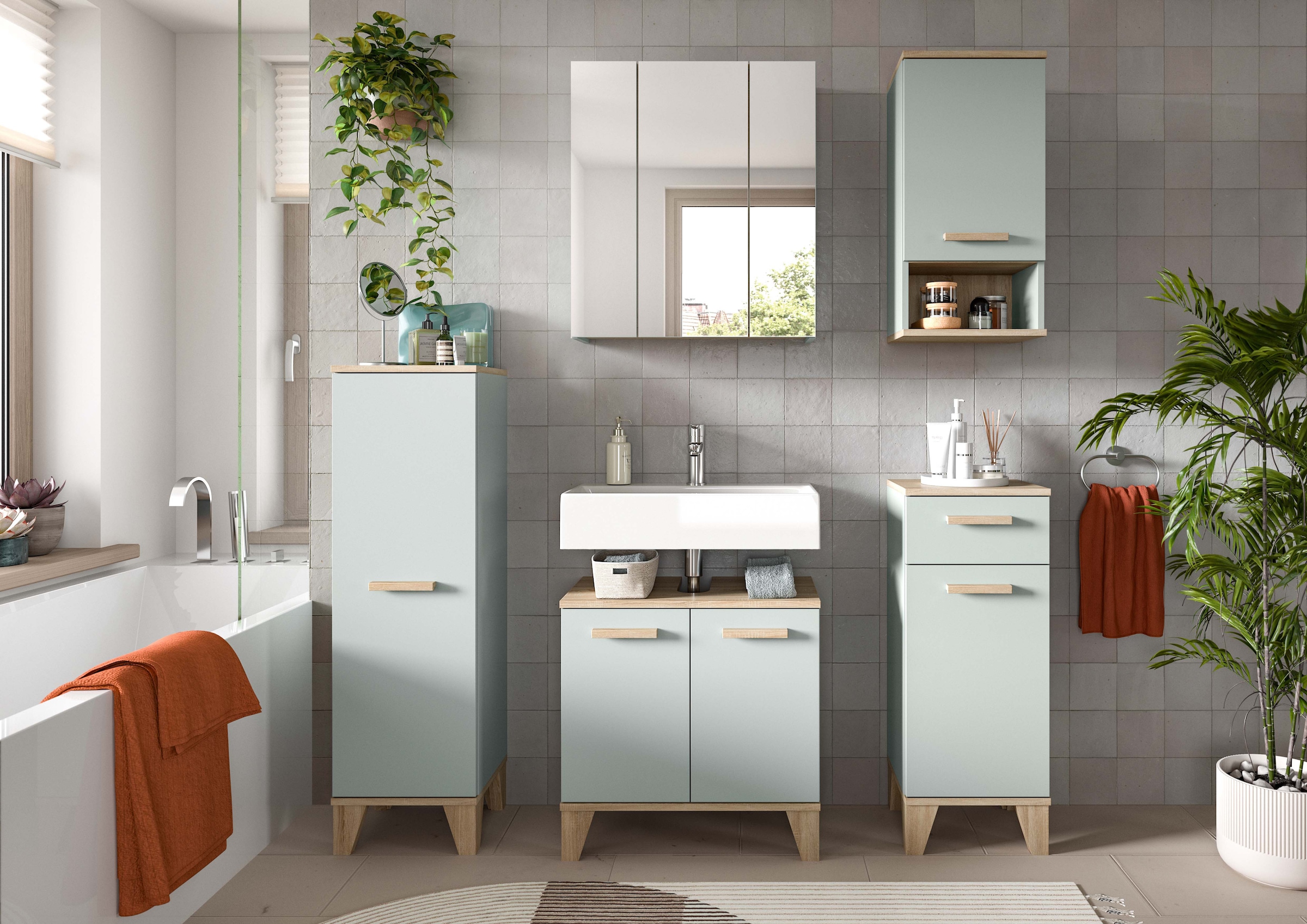 welltime Ensemble de meubles de salle de bain »MINTTU, 5-teilige moderne Badkombination im SCANDI-Look« bestehend aus: 2x Midischrank, WBU, Spiegelschrank, Hängeschrank, 5 cuis tlg.