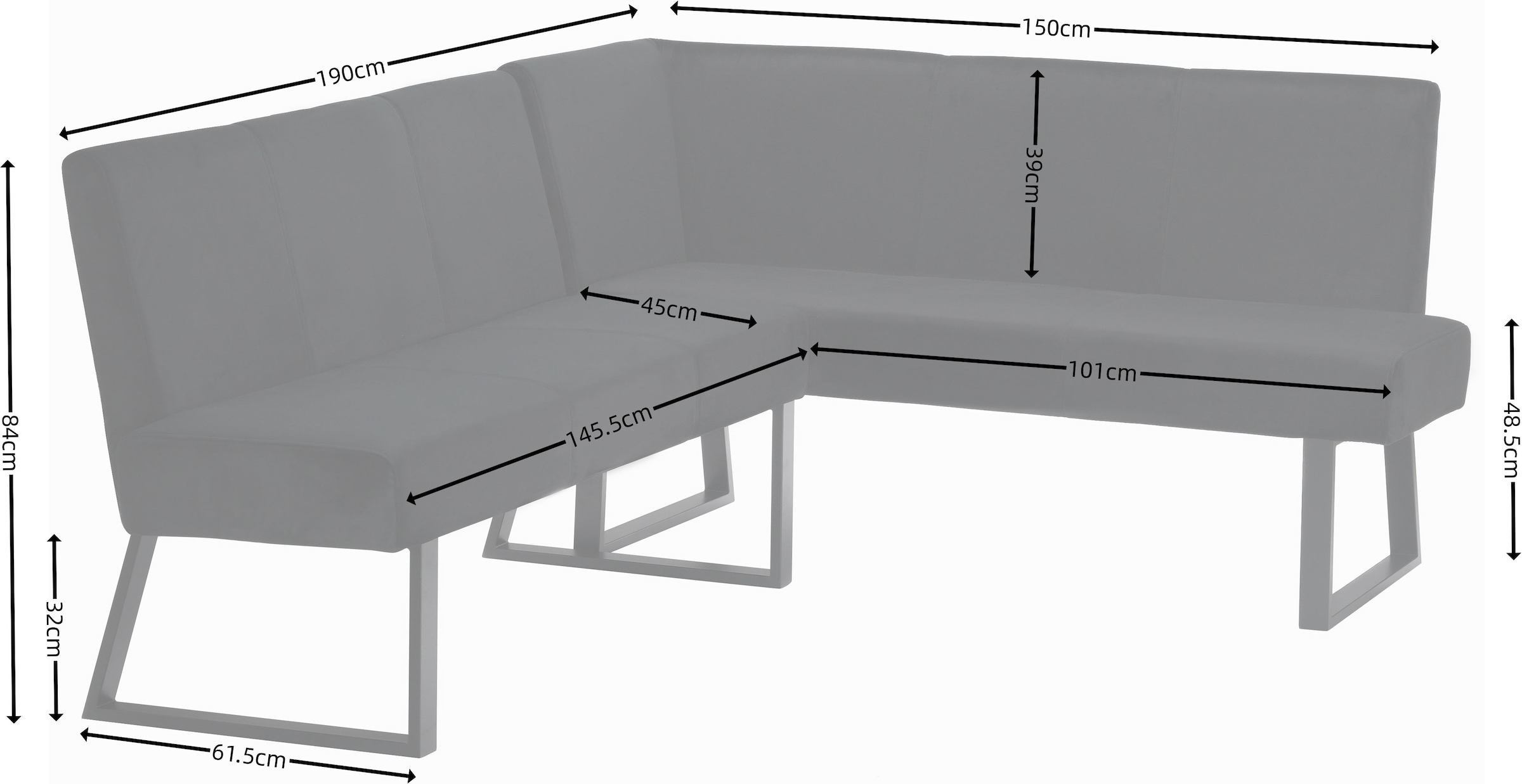 GOODproduct Banc d'angle »Gladiole,« Sitzbank, Esszimmerbank, Bank,  mit Taschenfederkern, schwarzes Metallgestell, Breite 190 cm