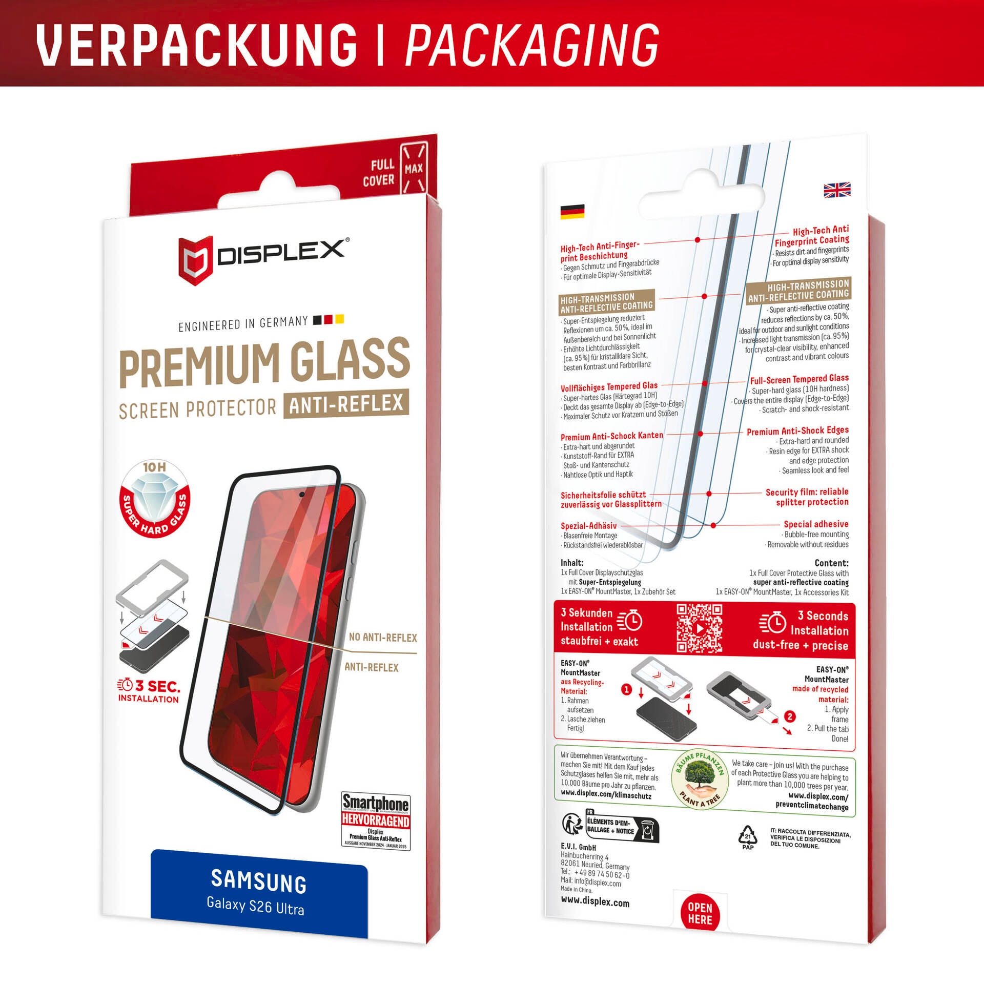 Displex Displayschutzglas »Premium Glass Screen Protector Anti-Reflex mit MountMaster« für Samsung Galaxy S26 Ultra Displayschutzfolie, Schutzfolie, Bildschirmschutz, kratz- & stossfest