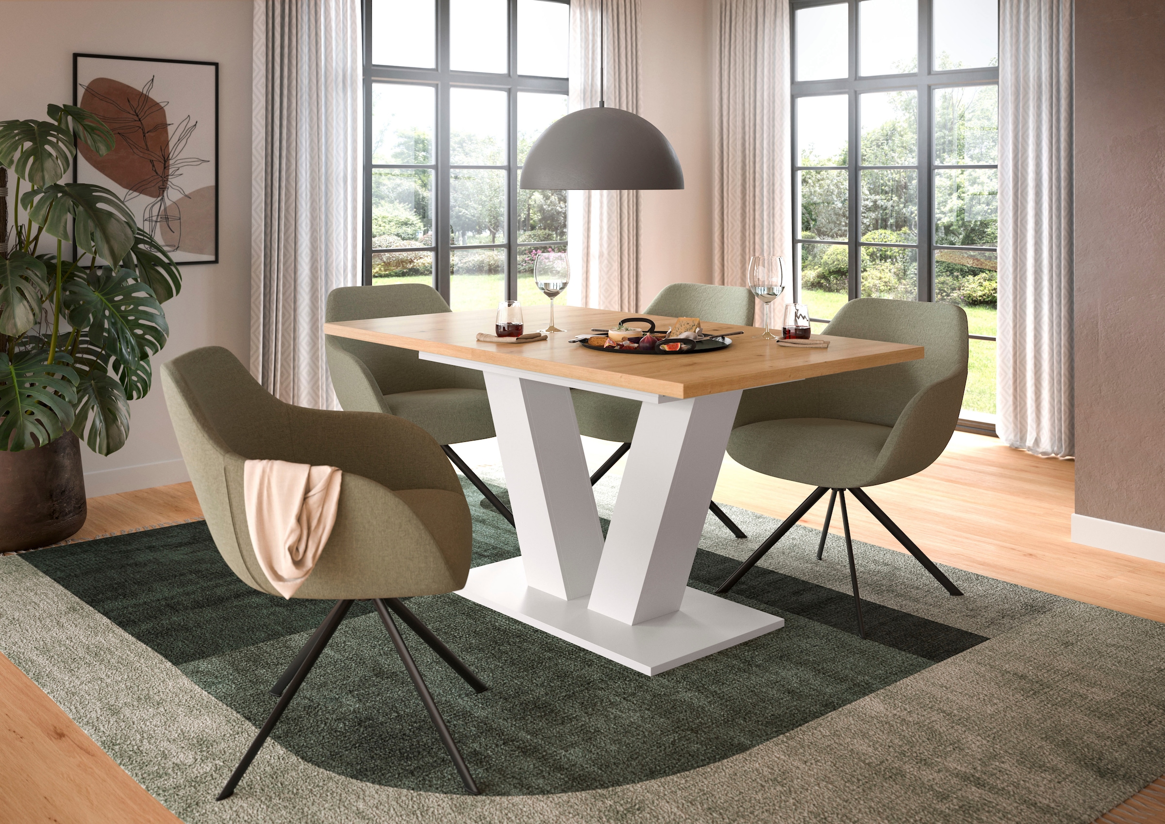 Home affaire Table de salle à manger »Motus, ausziehbar 150 -190 cm, inklusive 40 cm Einlegeplatte« Set, 1 cuis tlg. V-Gestell mit Bodenplatte, Tisch, Küchentisch, Esszimmer, Küche