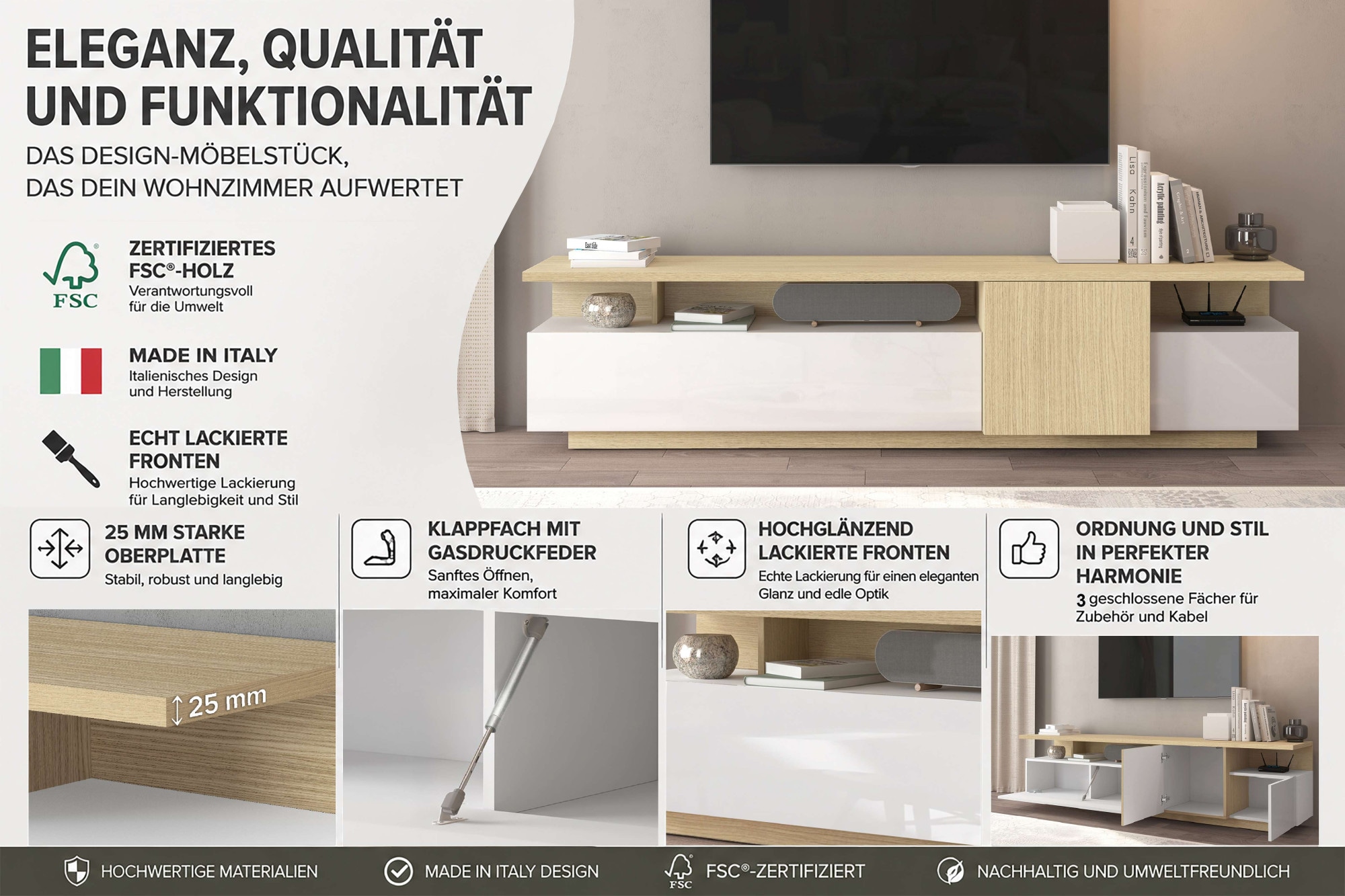 GOODproduct Lowboard »Lowboard ETHOS,Lowboard,TV-Kommode,TV-Möbel,TV-Bank« 1 Stk. tlg. Mit zwei Drehtüren, einer Klapptür und zwei offenen Fächern,B.210 cm