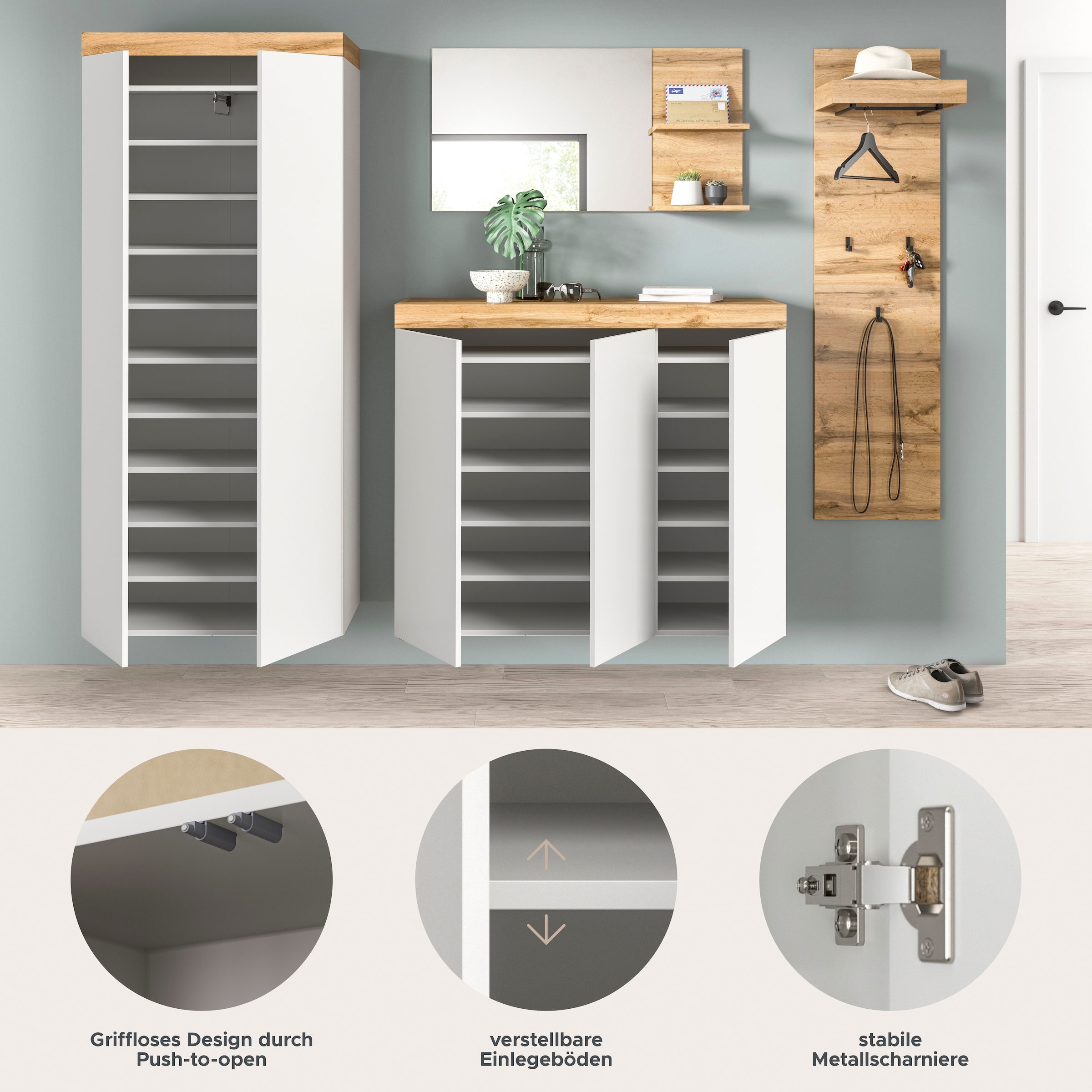 GOODproduct Garderoben-Set »MAMBO, 4-teilige Kombination, stehend & hängend montierbar« bestehend aus: Garderobenschrank, Kommode, Spiegel, Garderobenpaneel, 4 Stk. tlg.