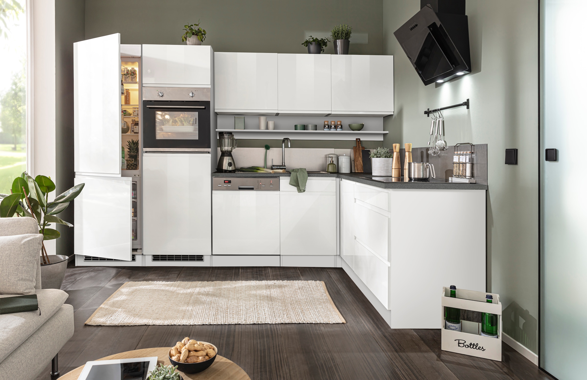 KOCHSTATION Cuisine d'angle »KS-Virginia,neu in verbesserter Ausführung« plan de travail épaisseur 38 mm, rangement, fermeture douce,  Largeur réglable 290/180 cm, Soft-Close, sans appareils électriques