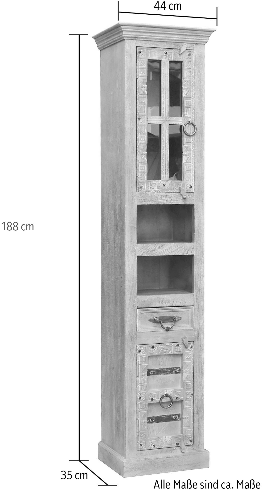 SIT Vitrines »Daipur mit Glastür und 1 Schubkasten. 2 offen Fächer« ornements sculptés, largeur 44/hauteur 188 cm
