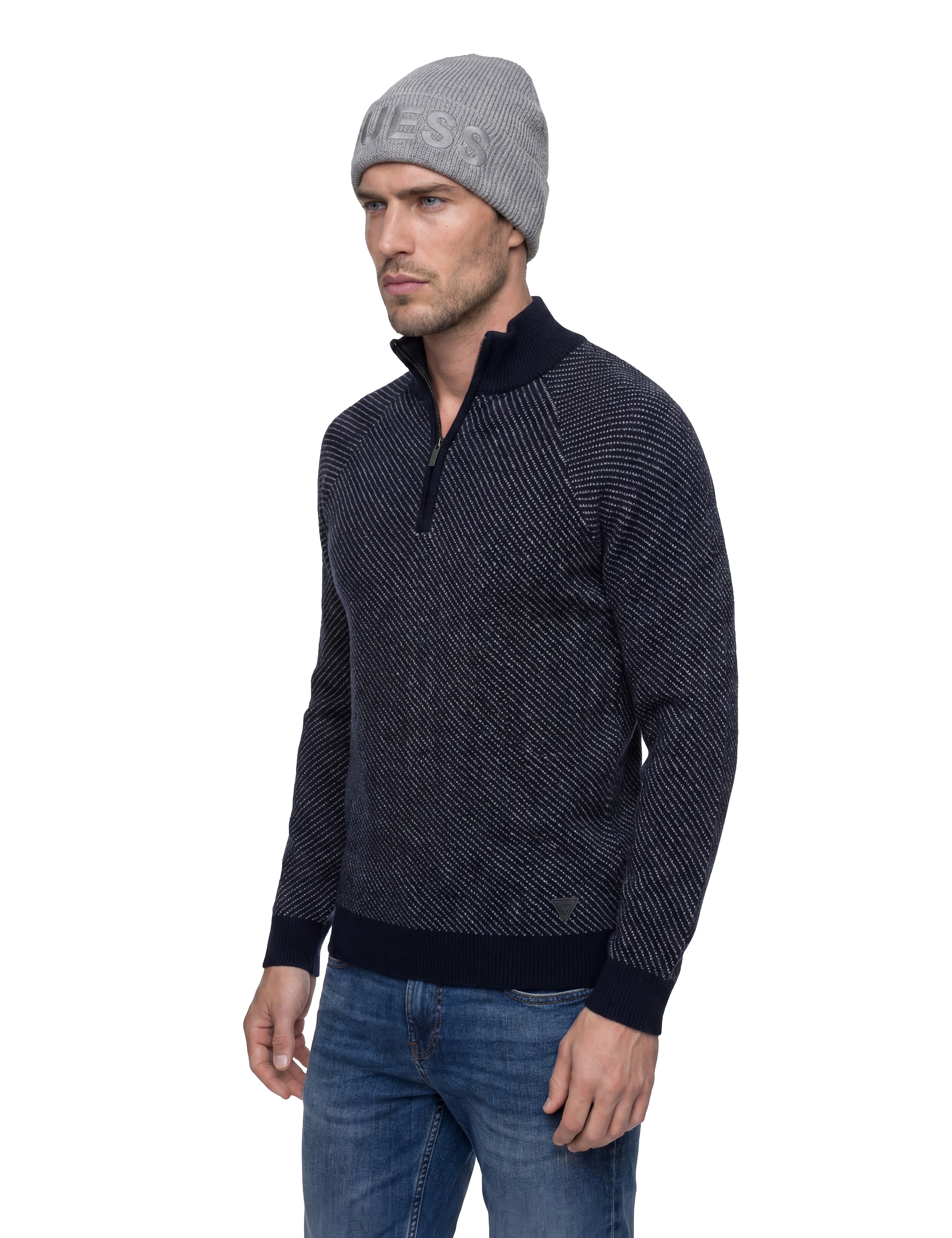 Guess Pull jacquard »NICO DIAGONAL STITCH« mit Wolle, Stehkragen mit Reissverschluss, Jaquard-Strick