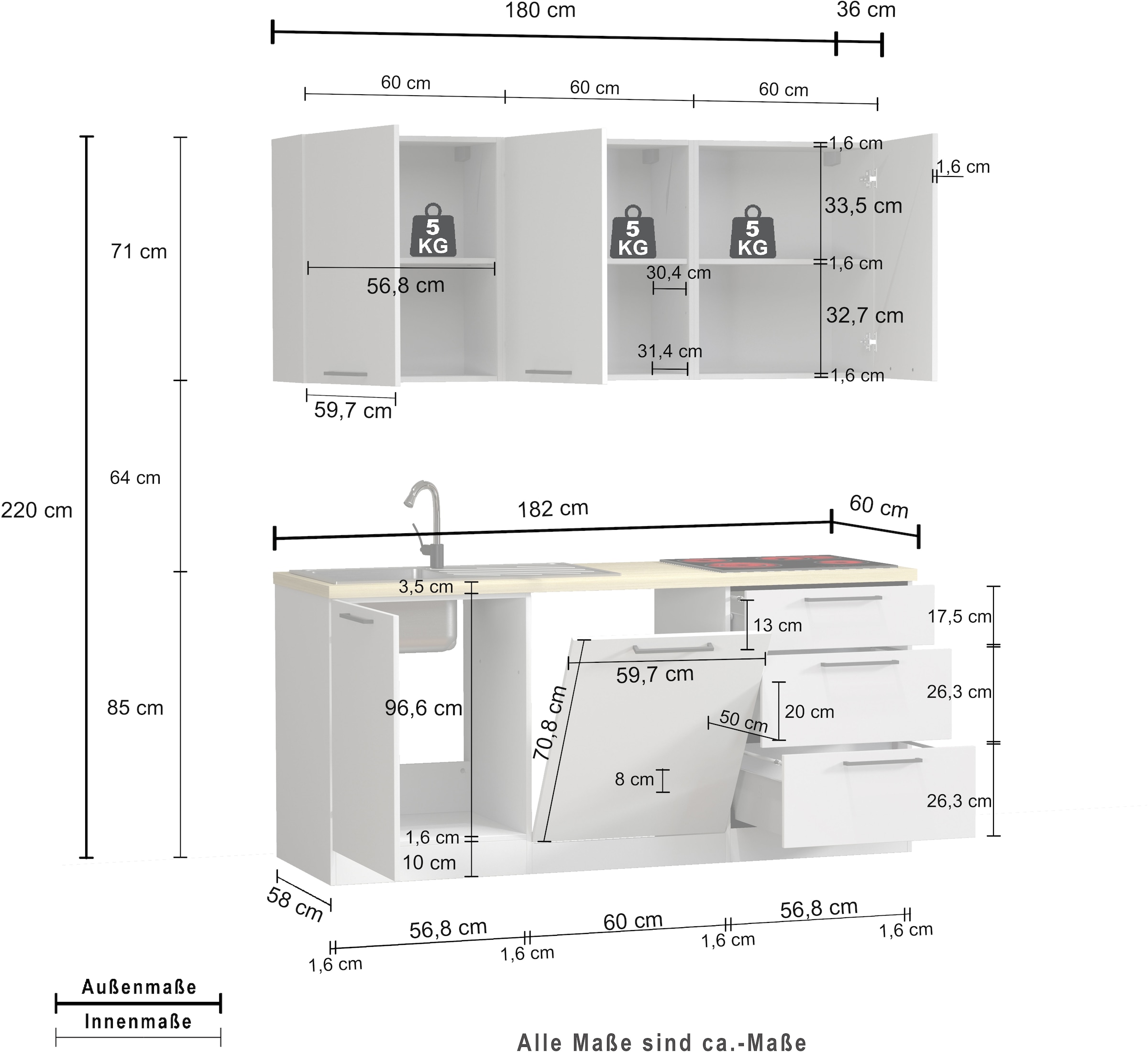 KOCHSTATION Kitchenette »Luna, Küchenzeile mit Spüle + Siphon, ohne E-Geräte« Breite 182 cm,Türen mit Soft-Close Funktion, Metalgriffe,Made in Italy