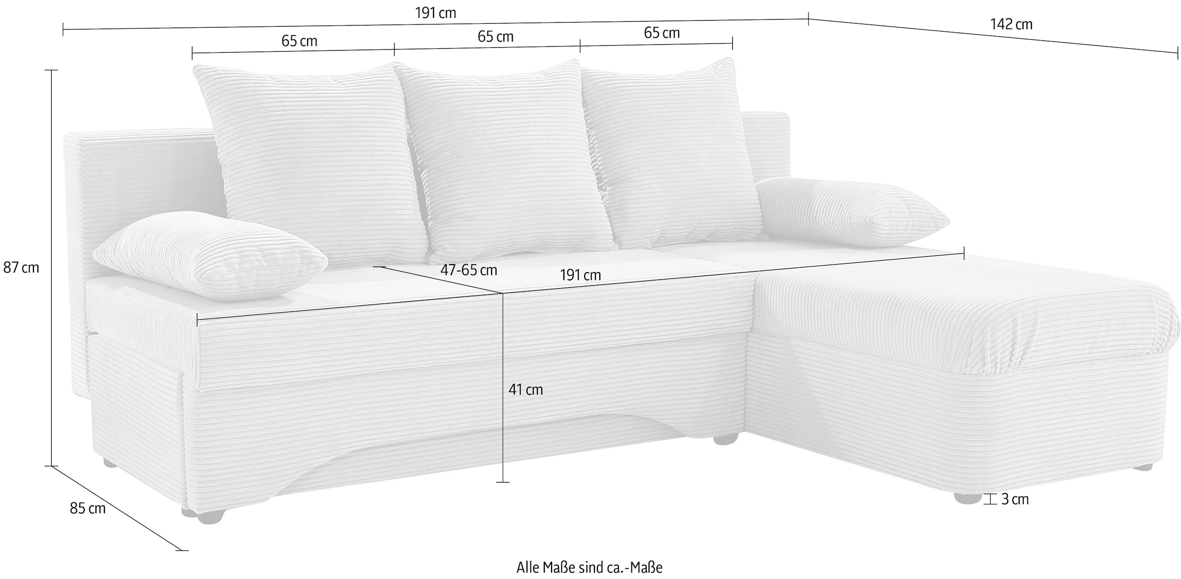 Jockenhöfer Gruppe Ecksofa »L-Form, B: 191 cm« mit Bettfunktion & Bettkasten