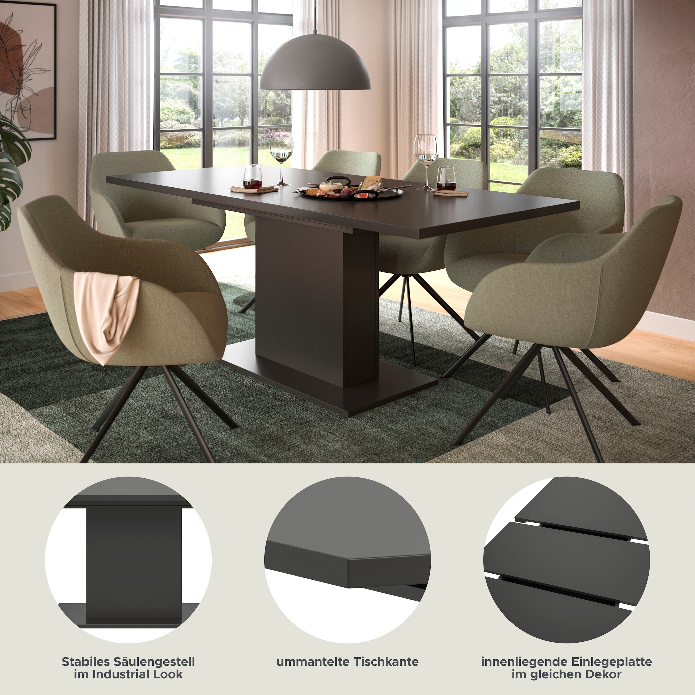 Home affaire Esstisch »Motus, ausziehbar 150 -190 cm, inklusive 40 cm Einlegeplatte« Set, 1 Stk. tlg. Säulengestell mit Bodenplatte, Tisch, Küchentisch, Esszimmer, Küche