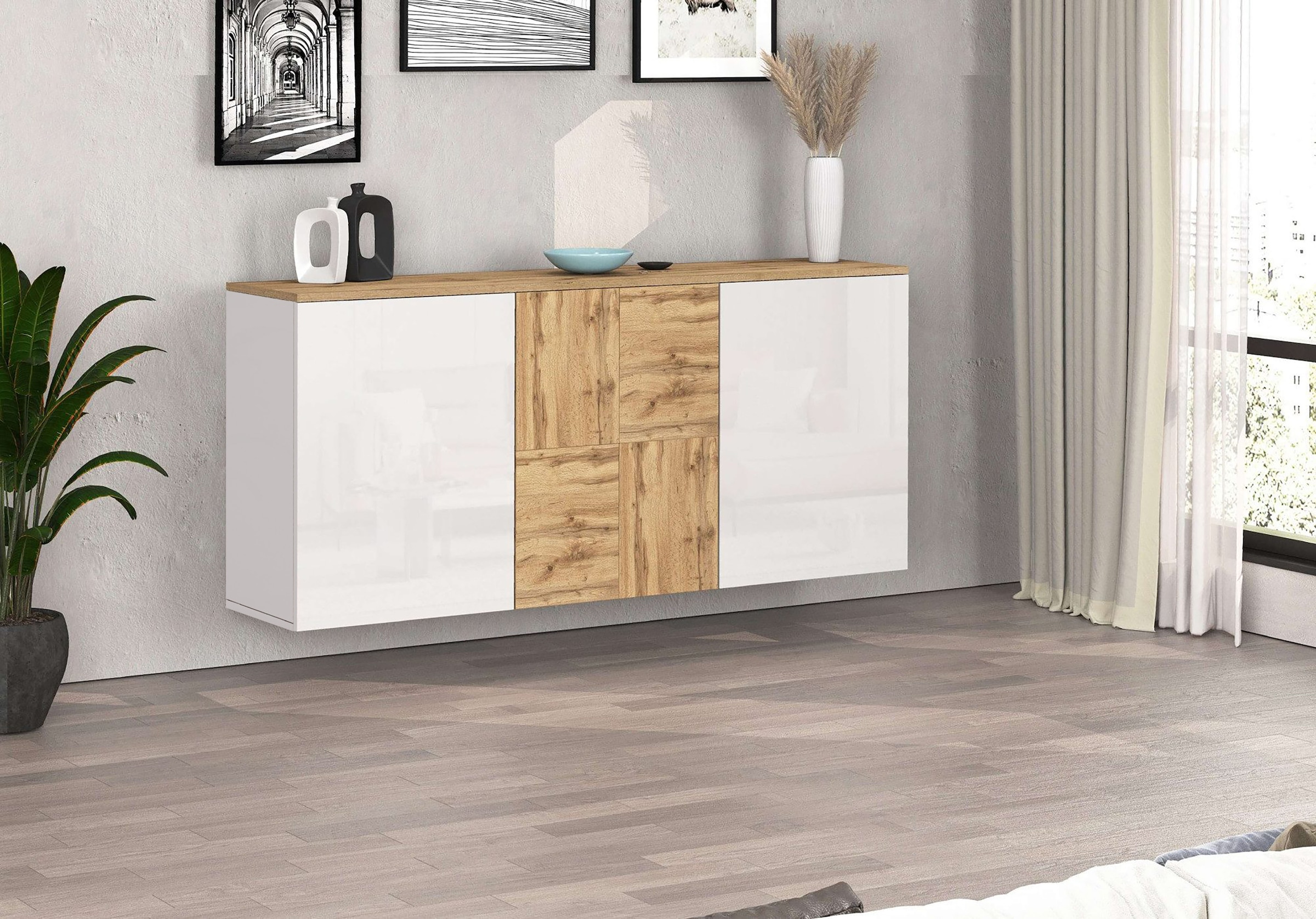GOODproduct Sideboard »ISEO, Kommode, Schrank, Sideboard, Lowboard, 6 Fächer, Breite 150 cm« 1 Stk. tlg. stehend/hängend, 3 Türen Hochglanz lackiert, Made in Italy