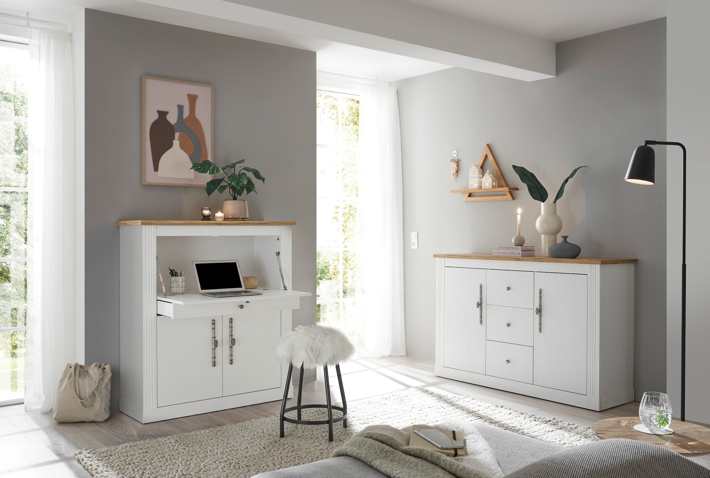 GOODproduct Ensemble de meubles de bureau »Westminster, wohnliches Home-Office, Büro in zwei Farben verfügbar« Ensemble, 2 tlg. comprend secrétaire et buffet de style campagne, avec canal pour câbles