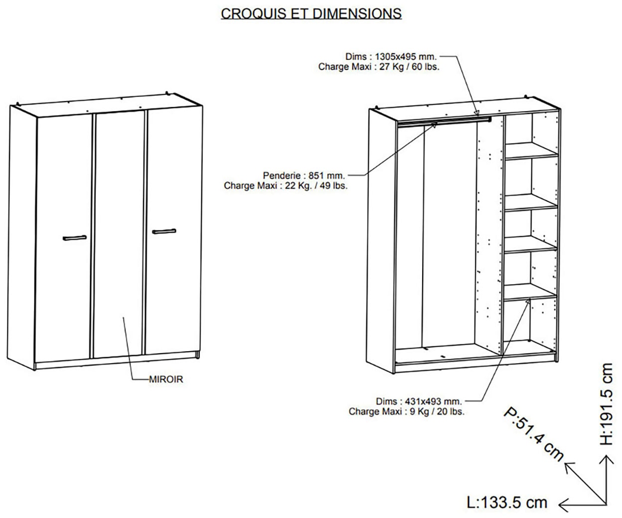 Demeyere GROUP Armoire pour enfants »Watson« ARMOIRE 3 PORTES/1 MIROIR