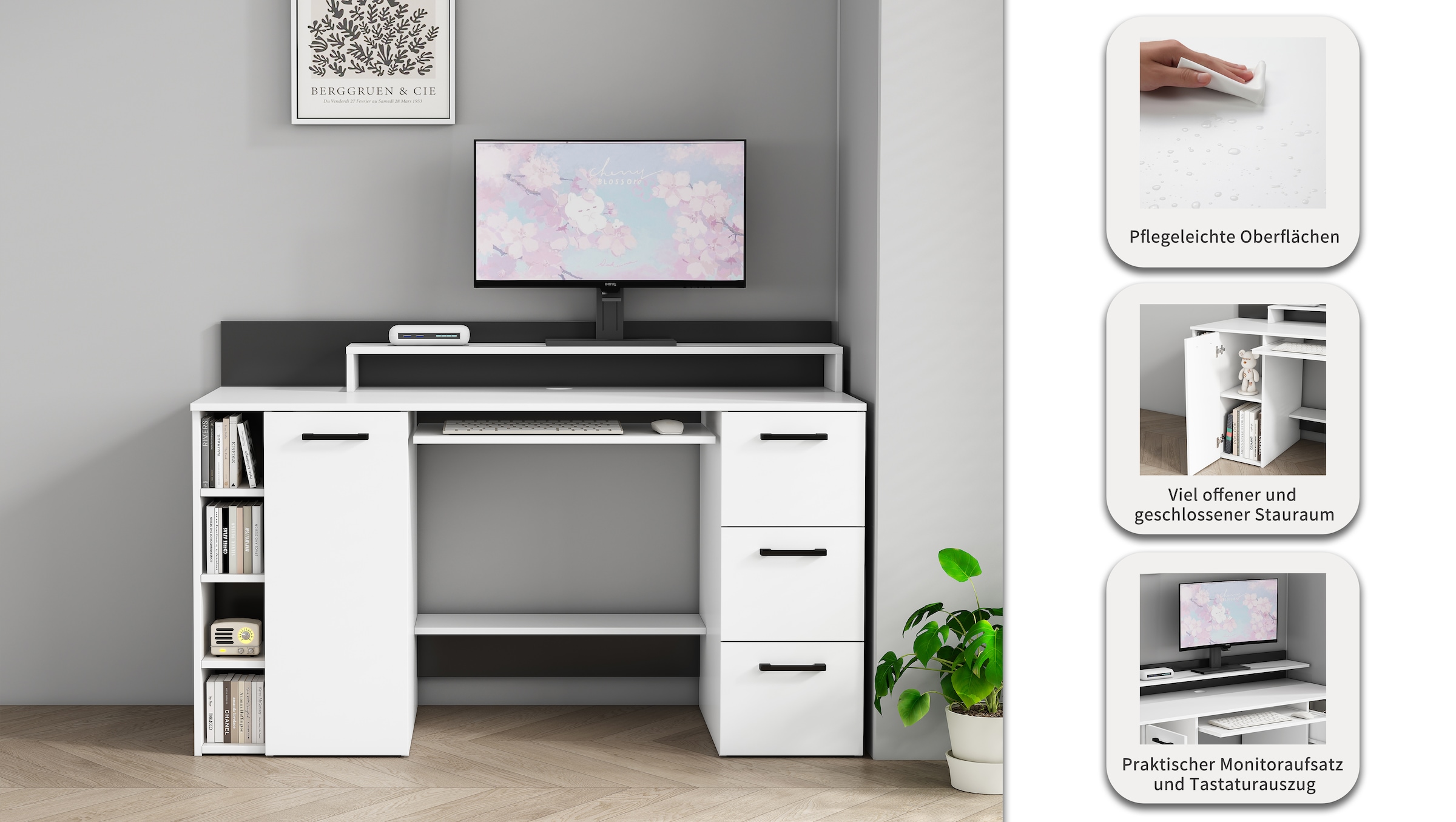 GOODproduct Schreibtisch »Moid« mit Schubladen, Tastaturauszug und Monitorablage, Breite 140 cm