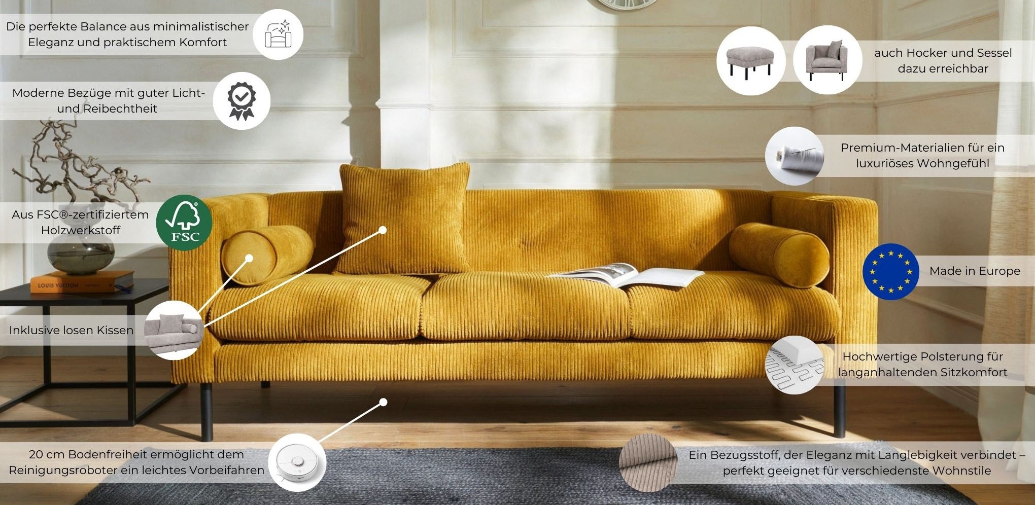 Home affaire 3-Sitzer »Lillibeth Designsofa mit Wellenunterfederung, Masse B/T/H: 218/74/83 cm« Zierkissen als Wendekissen, Bezug Samtoptik oder Cord