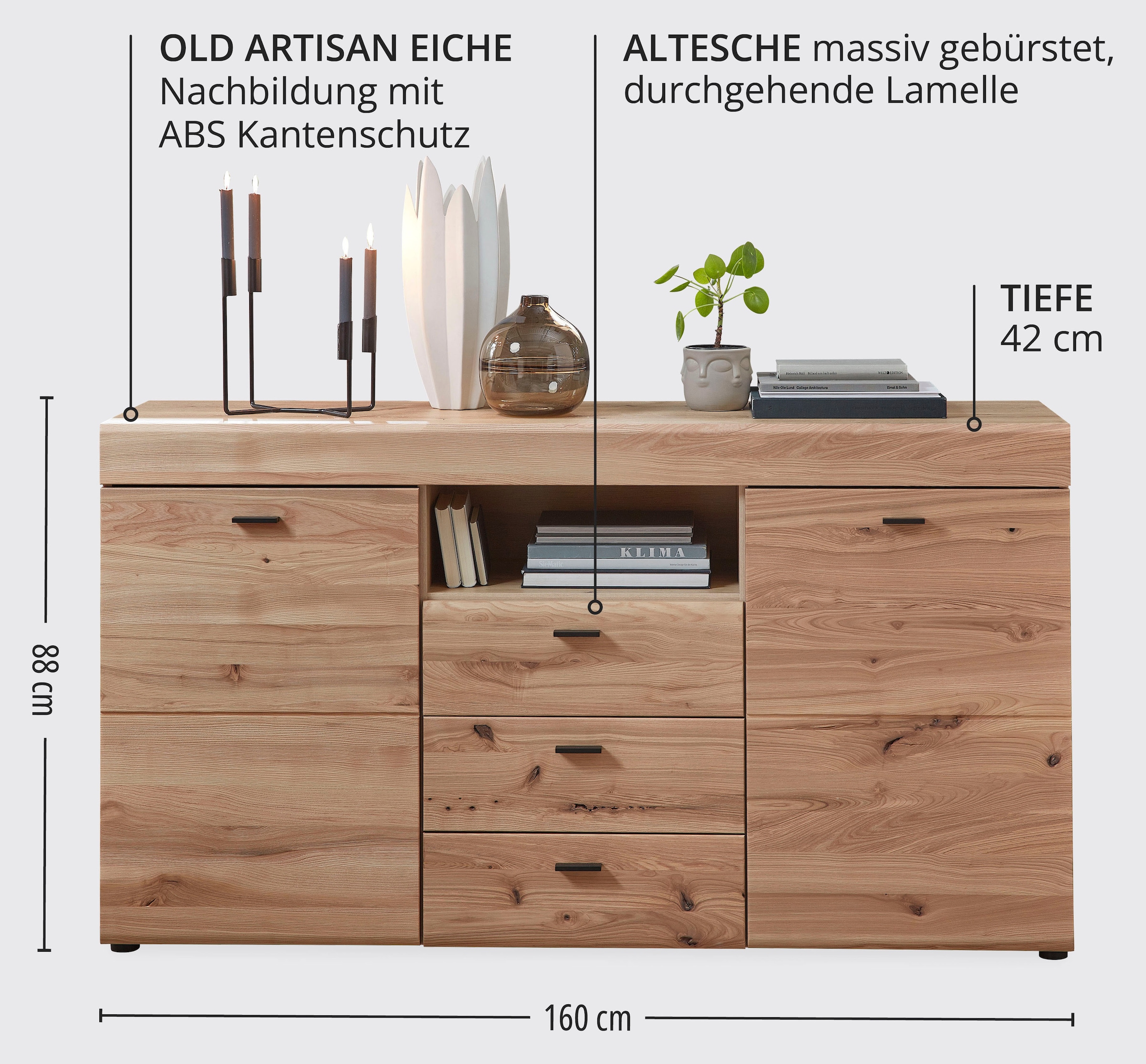 Wohnconcept Buffet »Malaga Sideborad, 160x88x42 (BxHxT)« 1 cuis tlg. Façade en bois massif, 2 portes, 3 tiroirs, softclose