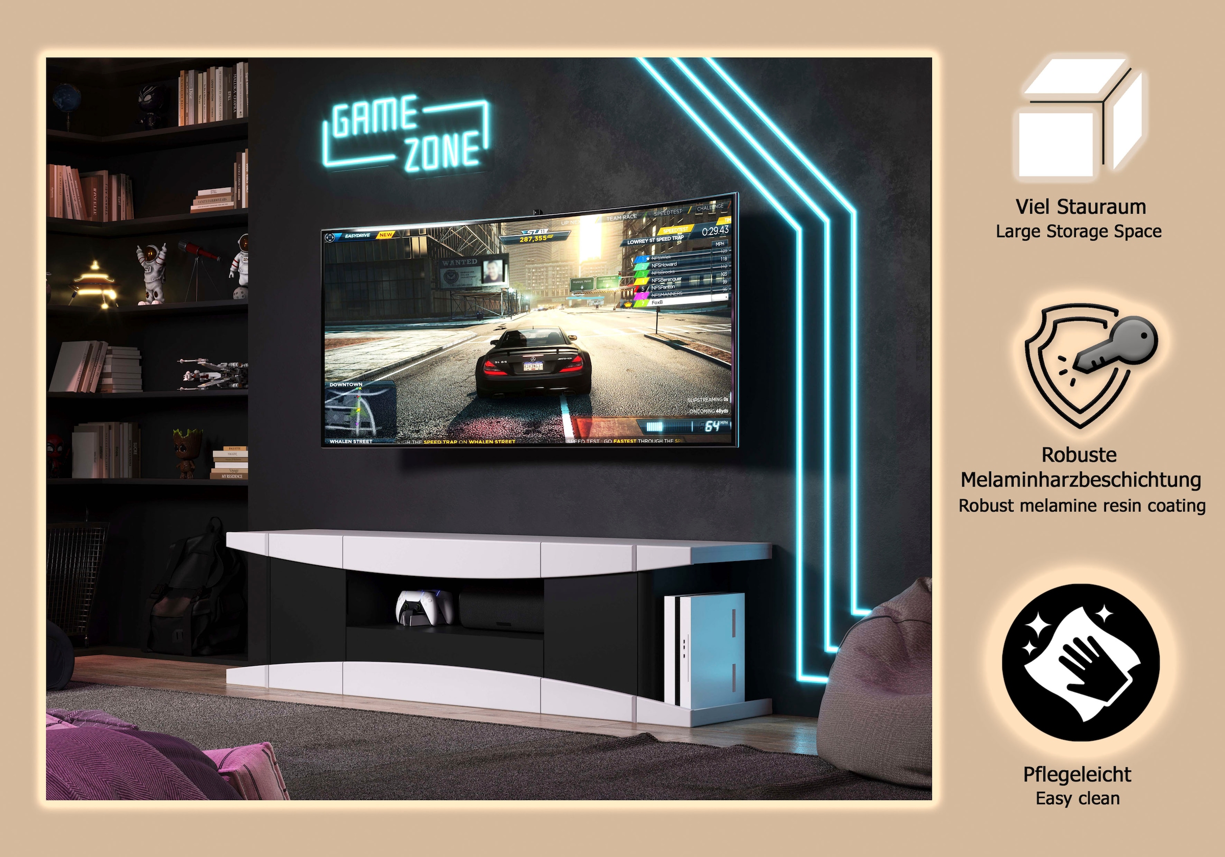 INOSIGN Table basse »NextLevel speziell geeignet für Spielekonsolen« Gaming-Lowboard wahlweise mit Beleuchtung - (B/T/H) 180/42/52 cm