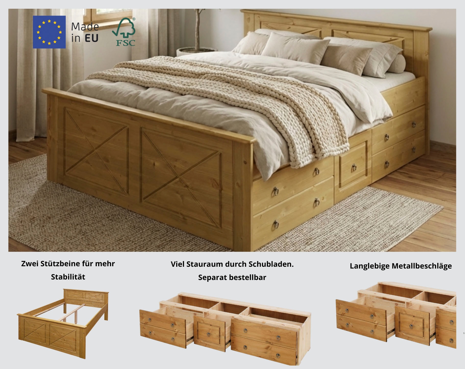 GOODproduct Lit »Hugo, Massivholzbett, FSC® zertifiziertes Massivholz« B/T/H: 153/208/84 cm,  aus massiver Kiefer, ohne Lattenrost,140x200 cm, Bettkasten optional