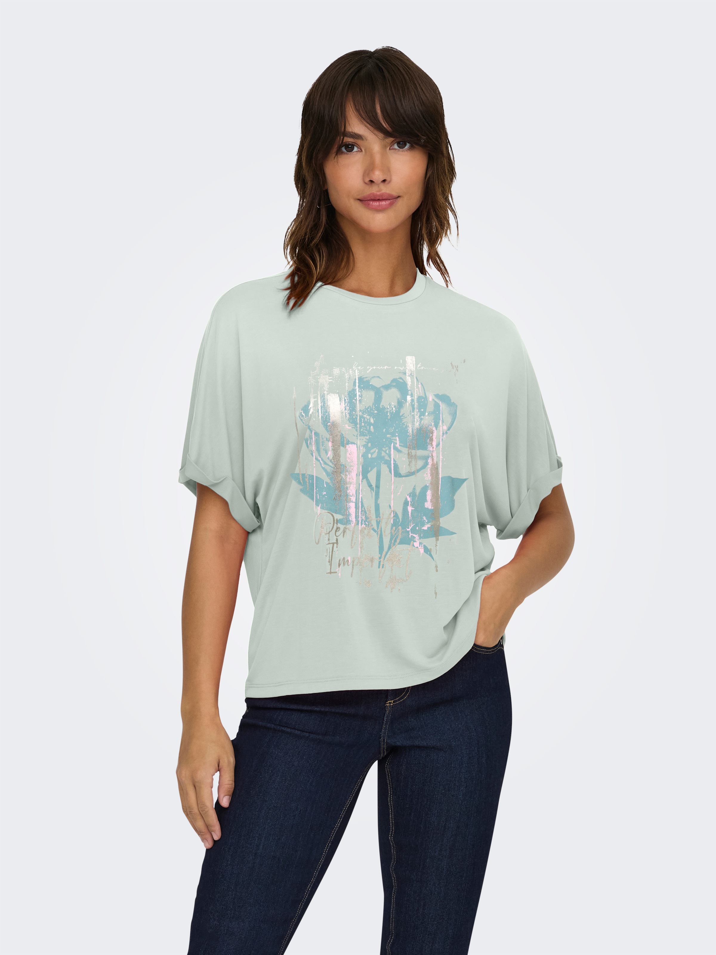 ONLY T-shirt »ONLFREE LIFE S/S FOLD-UP TOP BOX JRS« mélange de matières, coupe régulière, col rond